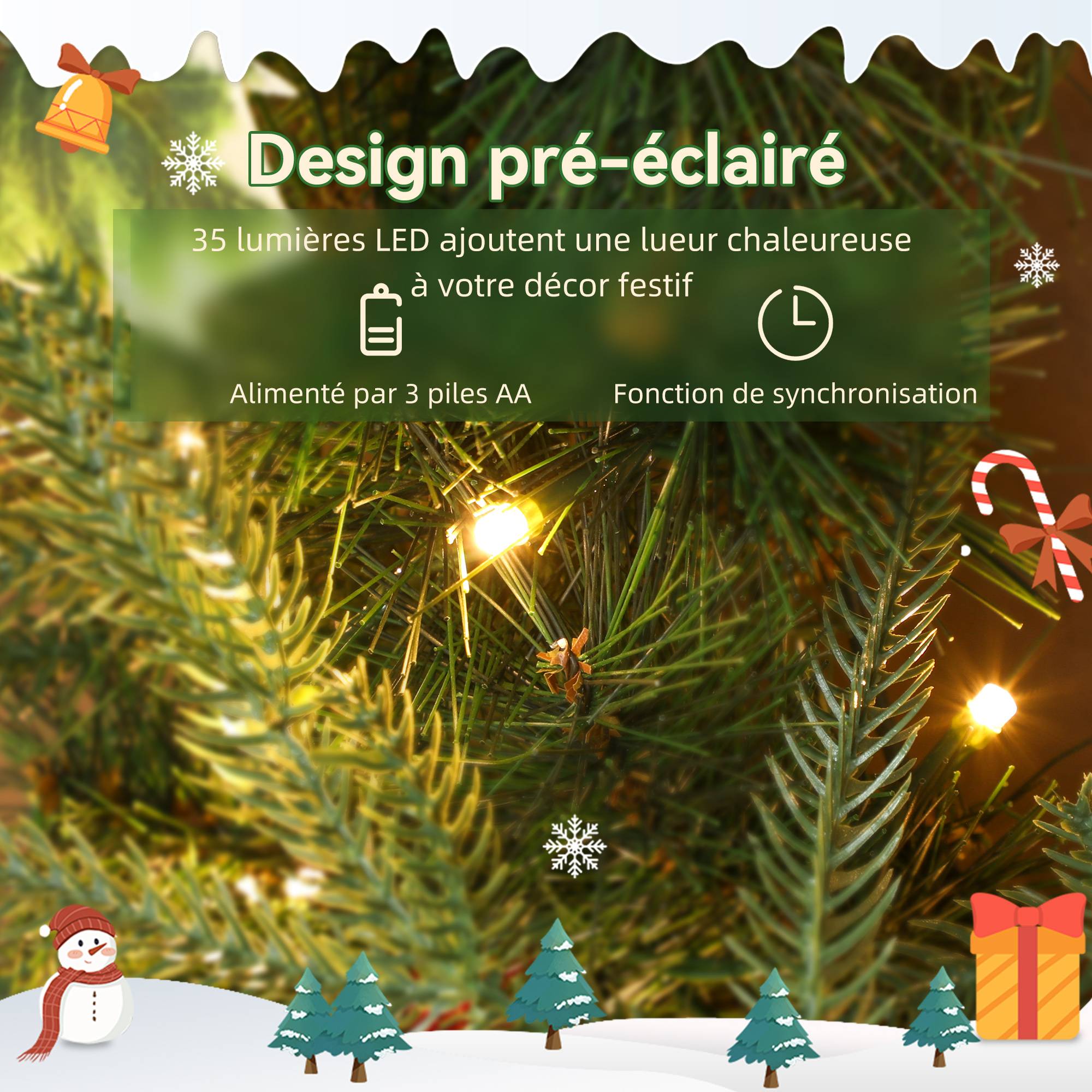 Couronne de Noël lumineuse 60cm,35 LED, minuterie,170 pointes, pommes de pin baies houx, vert - Image 7