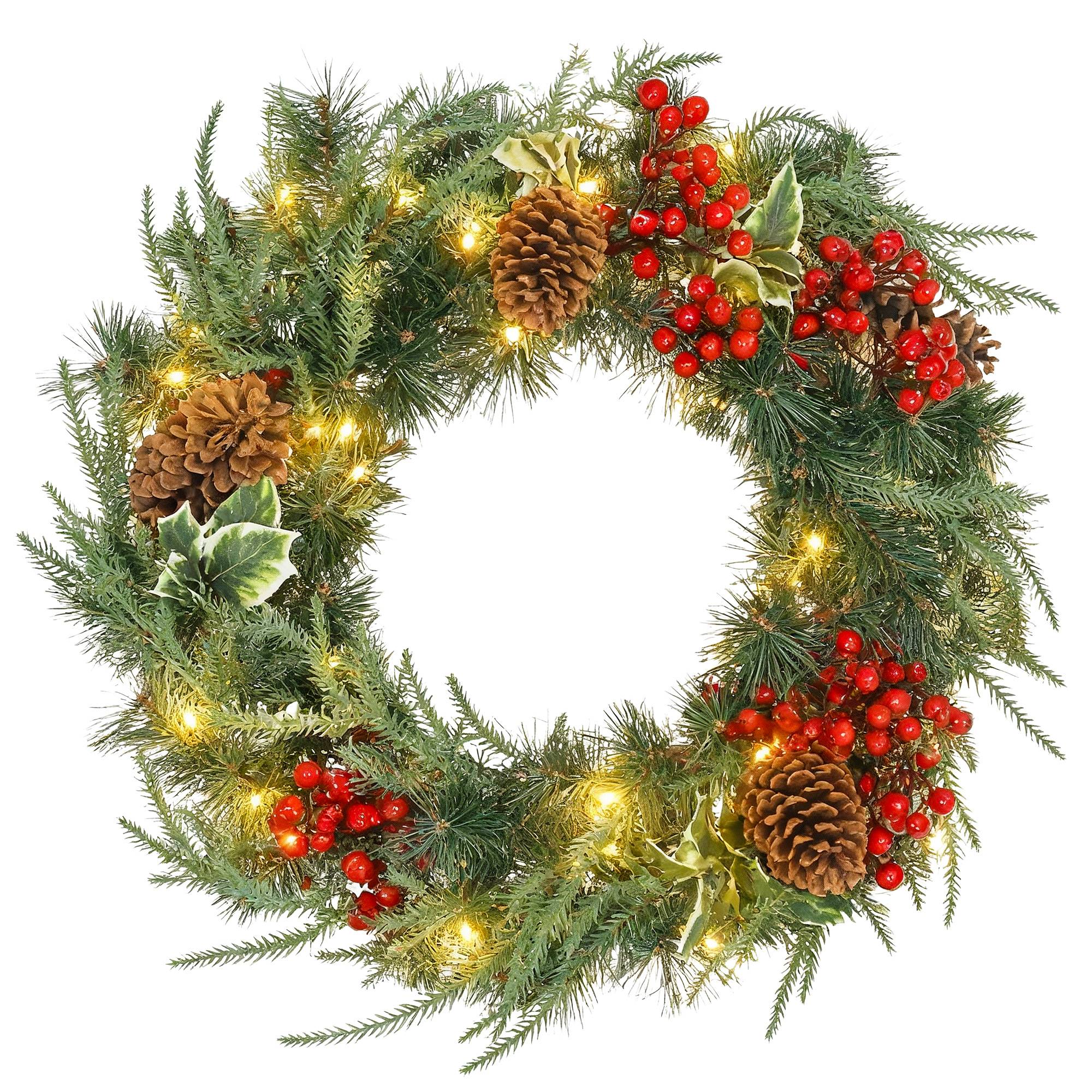 Couronne de Noël lumineuse 60cm,35 LED, minuterie,170 pointes, pommes de pin baies houx, vert - Image 1