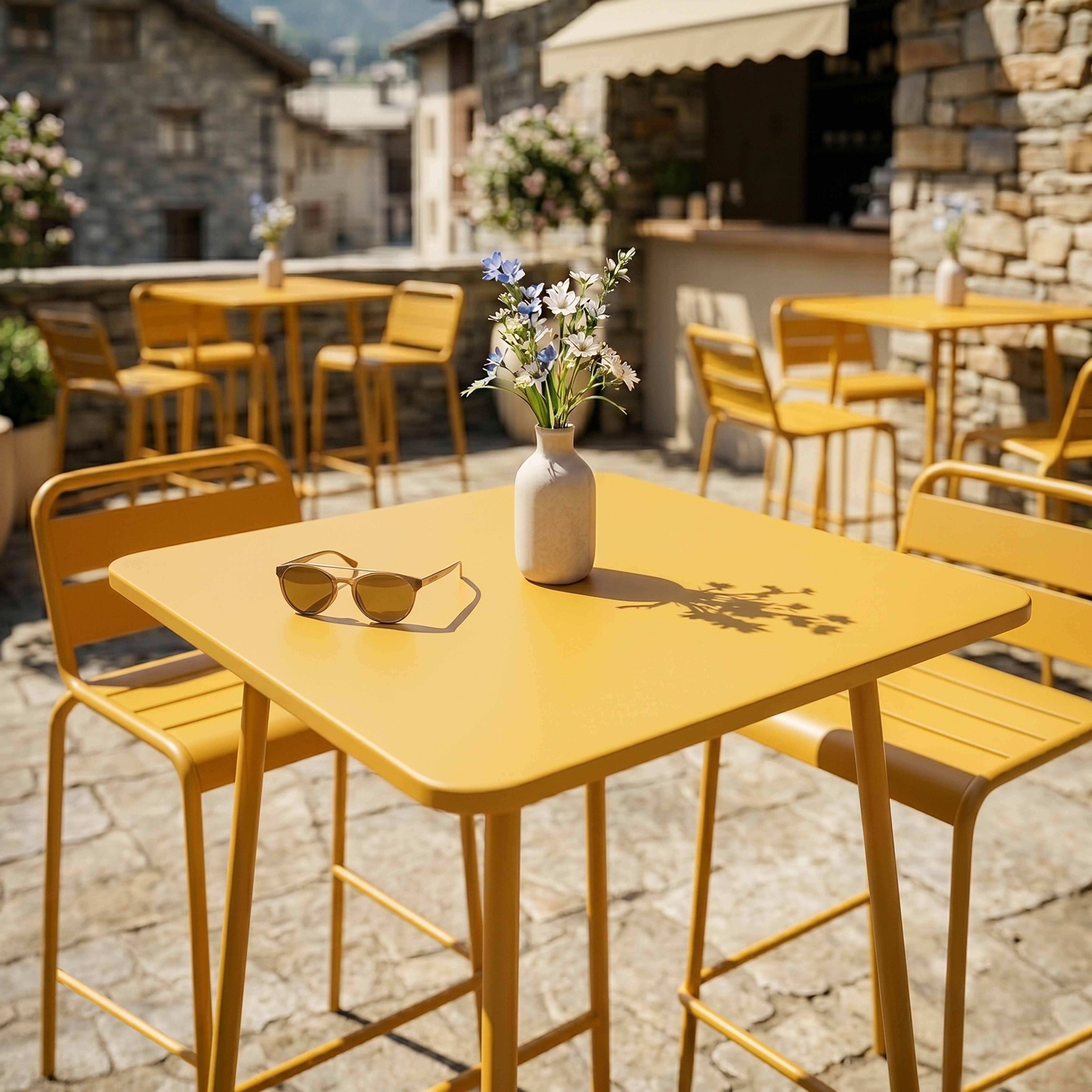 Oviala - Ensemble table de bar et 2 chaises hautes en métal jaune Palavas - Oviala - Imagen 5