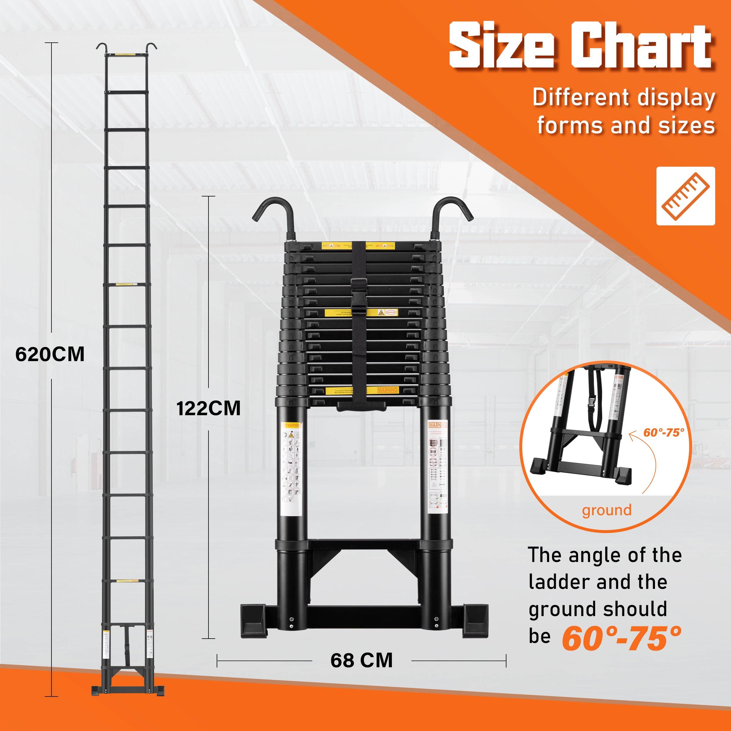 Échelle Télescopique 6.2 m Pliable en Aluminium, Barre Stabilisatrice et Crochet Amovible, Charge Maximale 150 kg - Image 3