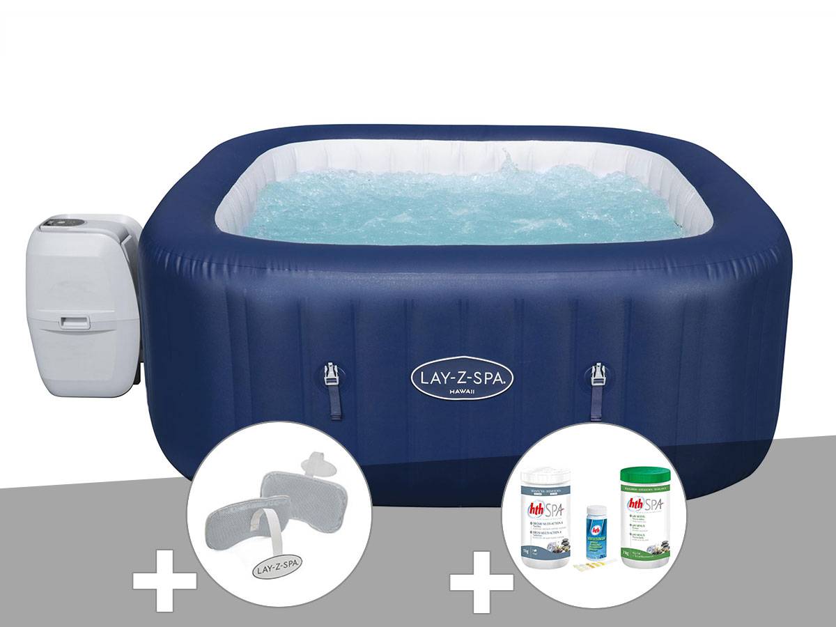 Bestway - Kit spa gonflable Bestway Lay-Z-Spa Hawaii carré Airjet 4/6 places + Kit traitement brome + 2 appuie-têtes