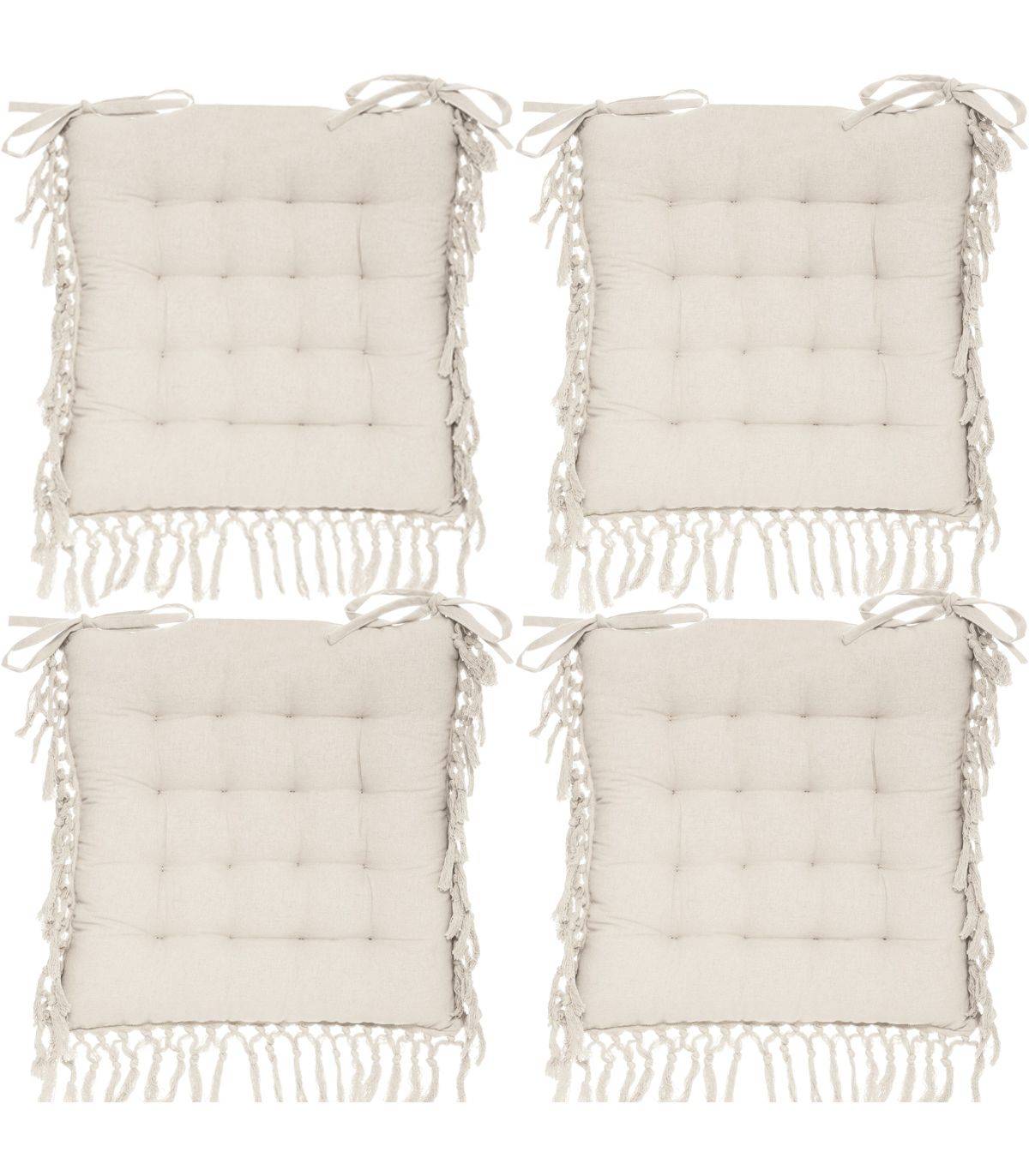 Lot de 4 Galettes de chaise en Coton Ivoire avec franges macramé 40 x 40 cm - Imagen 1