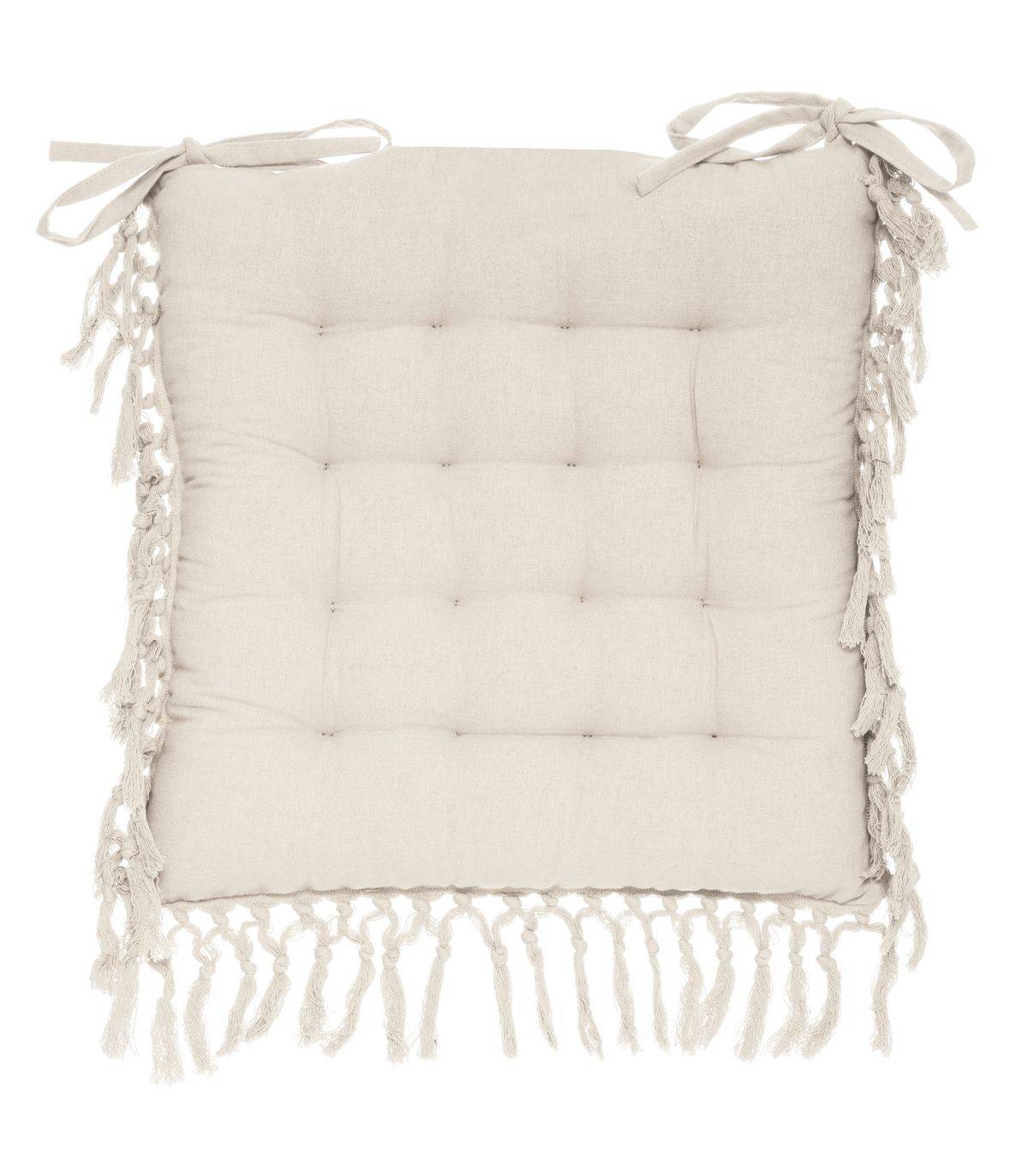 Lot de 4 Galettes de chaise en Coton Ivoire avec franges macramé 40 x 40 cm - Imagen 3
