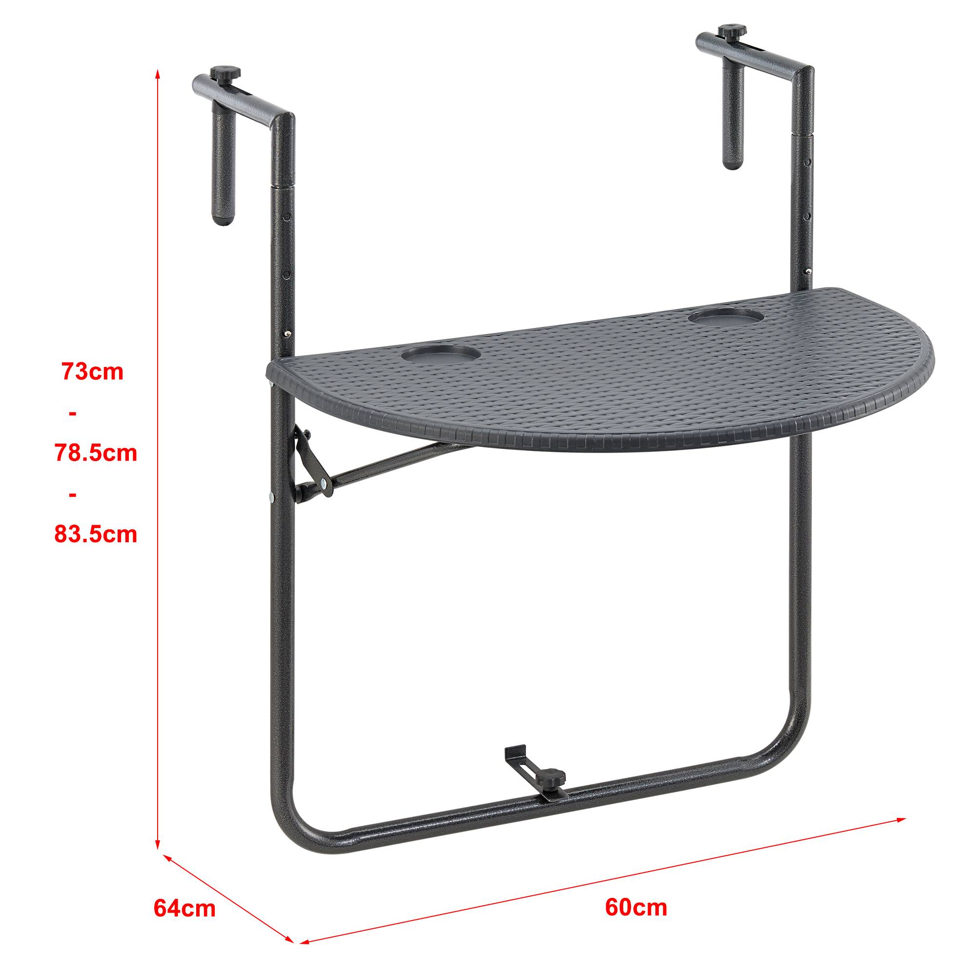 [en.casa] - Table de balcon suspendue Cicala rabattable et réglable en hauteur 83,5 x 60 x 64 cm [en.casa] - Imagen 3