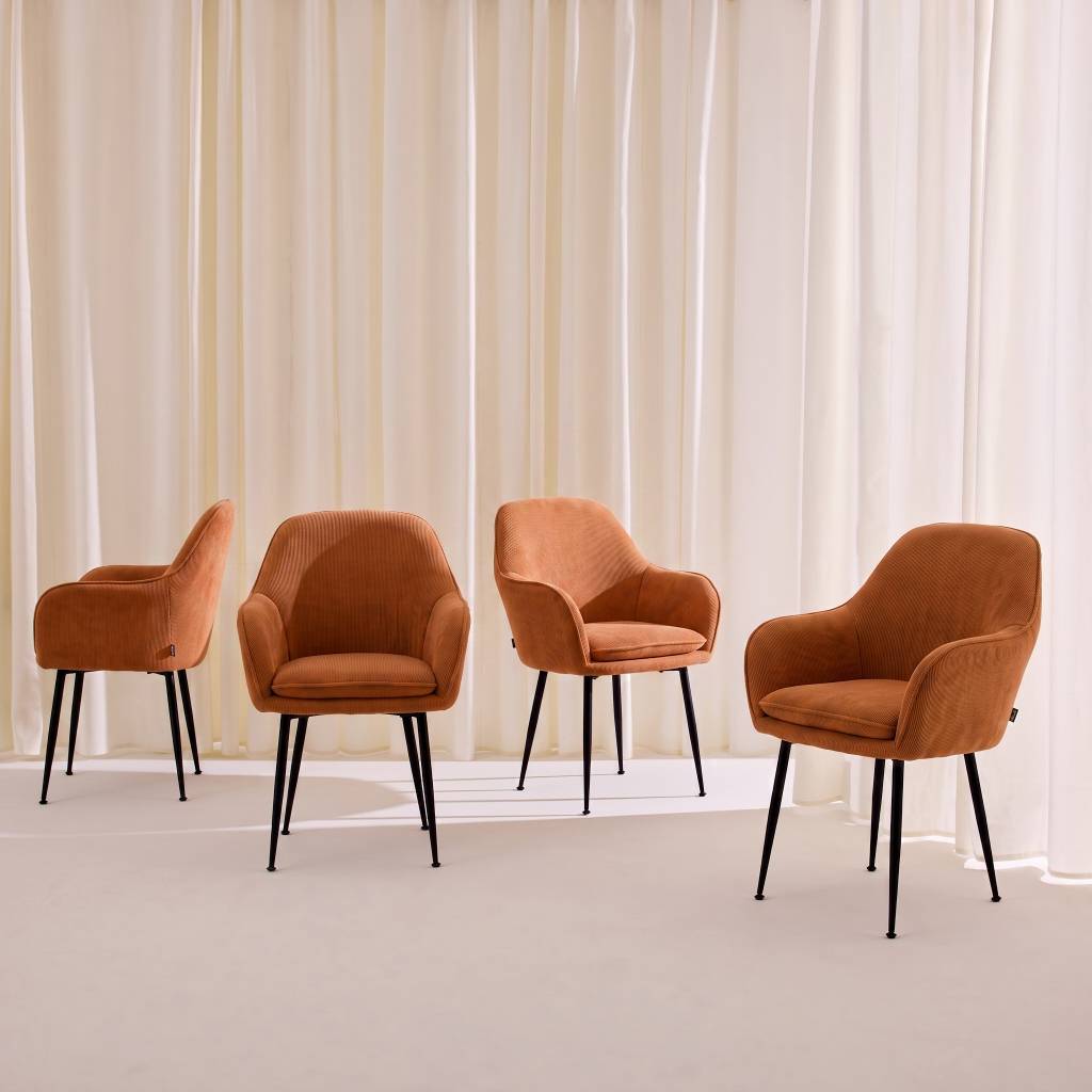 sweeek - Lot de 4 fauteuils en velours côtelé camel et pieds en métal noir mat. L 57 x P 59 x H 84.5cm | sweeek - Image 1