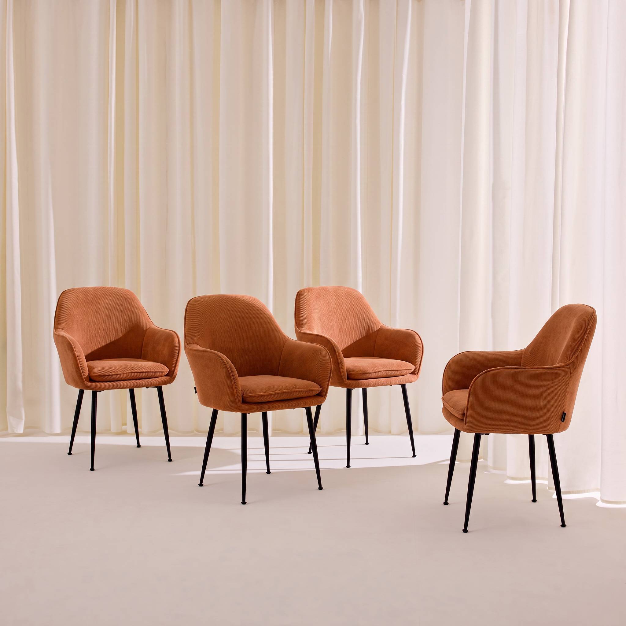 sweeek - Lot de 4 fauteuils en velours côtelé camel et pieds en métal noir mat. L 57 x P 59 x H 84.5cm | sweeek - Image 3
