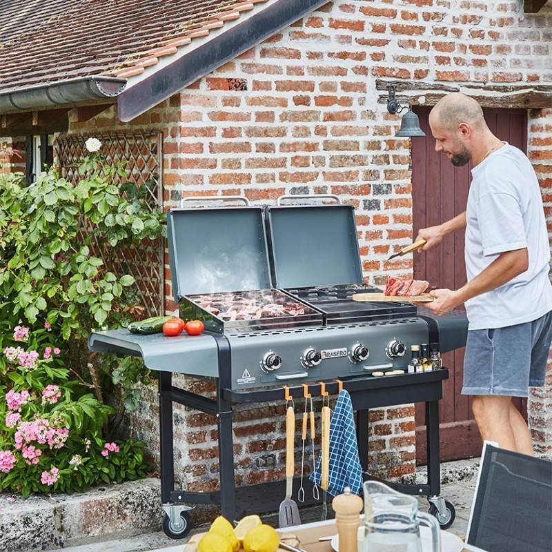 Brasero - Plancha à gaz Margaux Gun Metal sur chariot équipé - BRASERO - 4 Feux à gaz - Plancha et Grill - 15 kW - Imagen 7