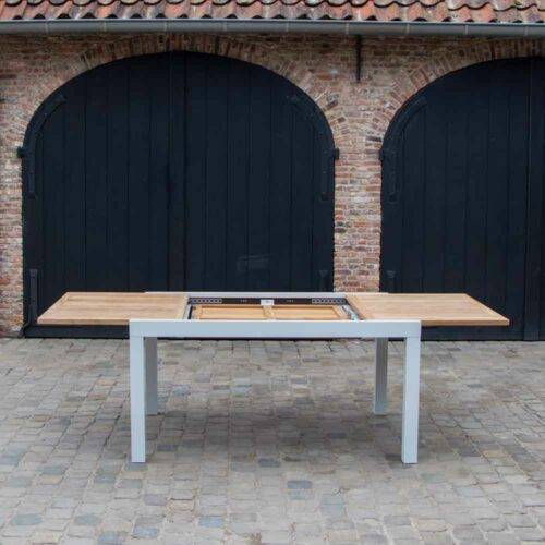 Table BALIteck 6/10 personnes structure aluminium blanche, plateau en lame de Teck - Image 3