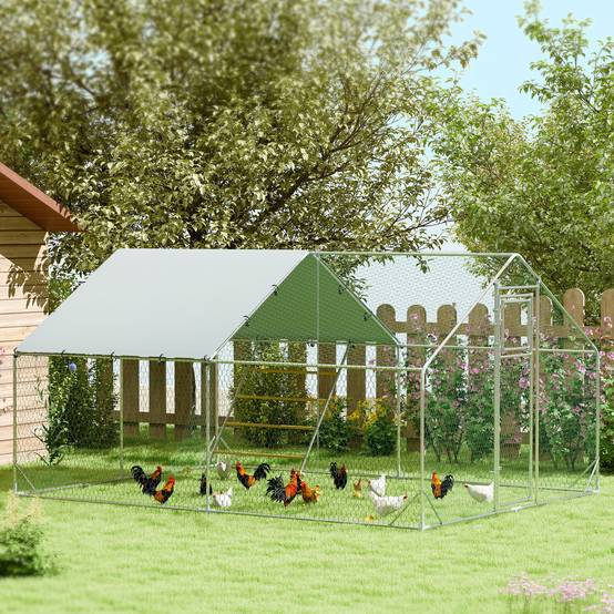 Poulailler, enclos pour poules élevées en plein air, avec bâche résistante aux UV, grillage en acier, mangeoire automatique, pour 12 à 18 poules - Image 3