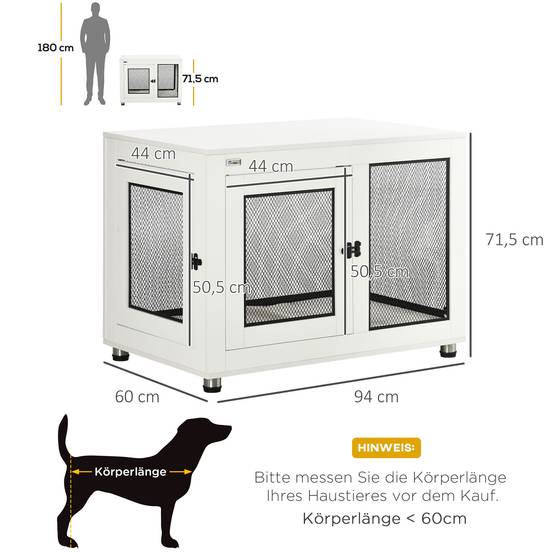 Cage pour chien avec table, 94 x 60 x 71.5 cm, blanche et noire, avec coussin et 2 portes - PANGIVO - Image 3