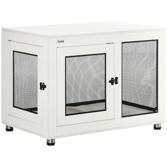 Cage pour chien avec table, 94 x 60 x 71.5 cm, blanche et noire, avec coussin et 2 portes - PANGIVO - Image 1
