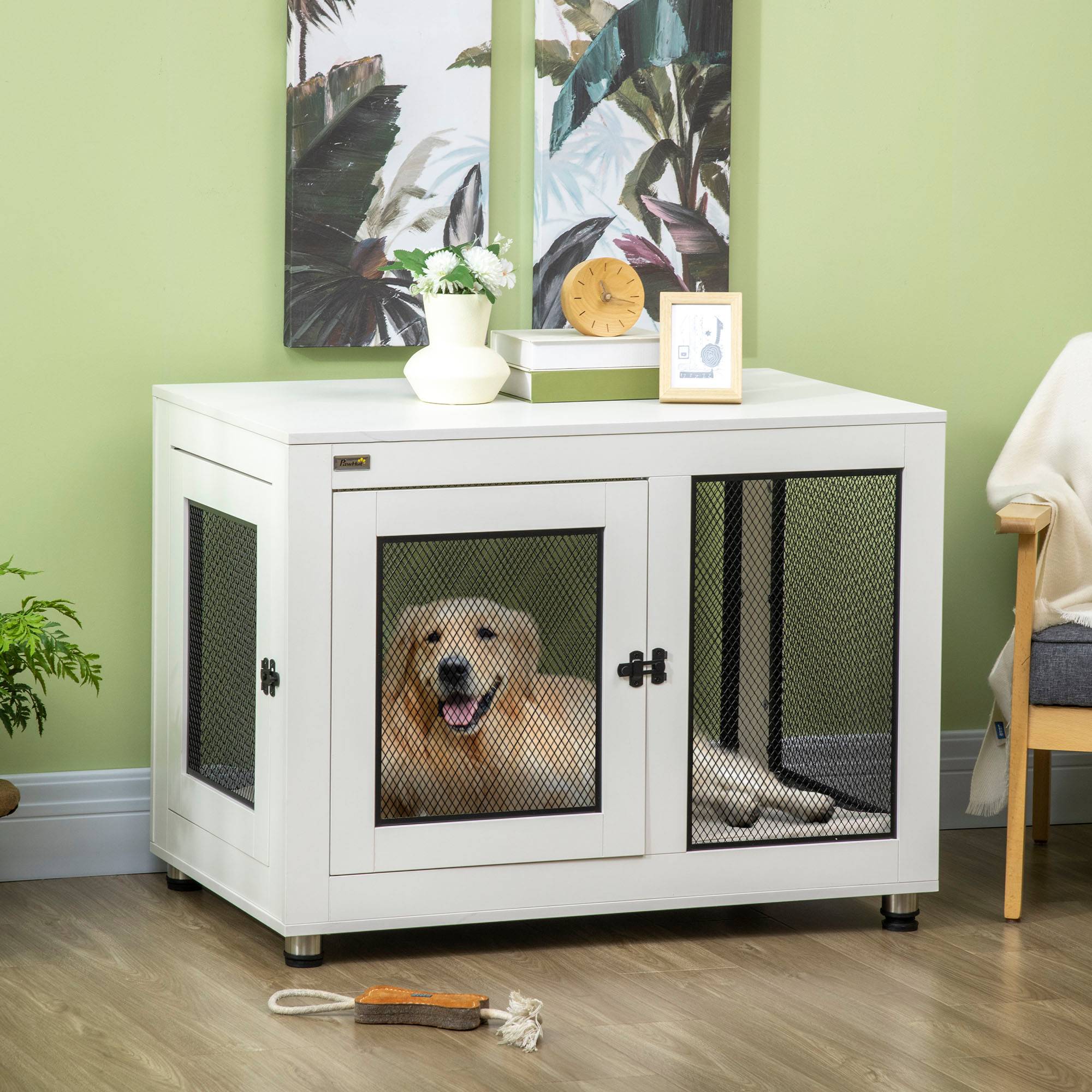 Cage pour chien avec table, 94 x 60 x 71.5 cm, blanche et noire, avec coussin et 2 portes - PANGIVO - Image 2