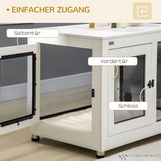 Cage pour chien avec table, 94 x 60 x 71.5 cm, blanche et noire, avec coussin et 2 portes - PANGIVO - Image 6