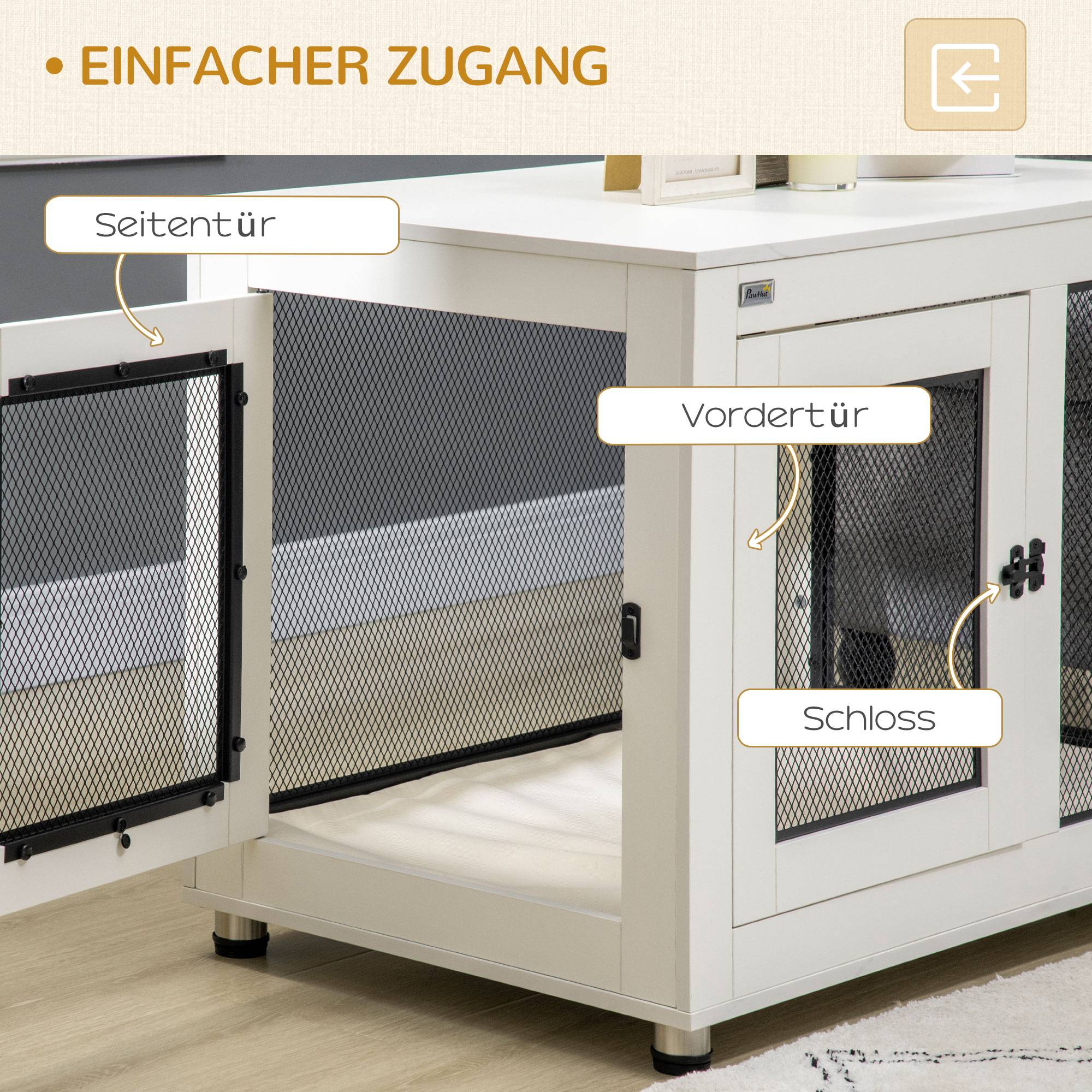 Cage pour chien avec table, 94 x 60 x 71.5 cm, blanche et noire, avec coussin et 2 portes - PANGIVO - Image 6