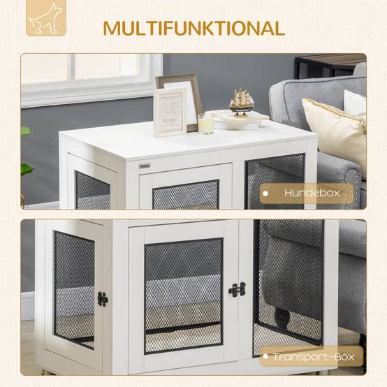 Cage pour chien avec table, 94 x 60 x 71.5 cm, blanche et noire, avec coussin et 2 portes - PANGIVO - Image 5