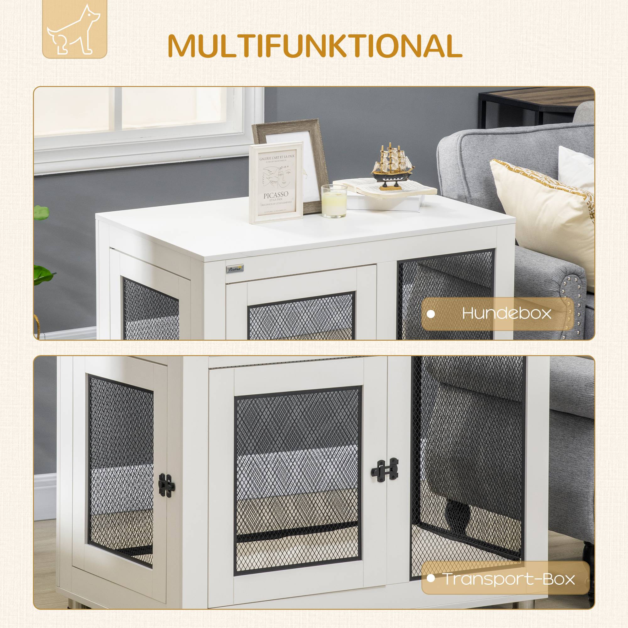 Cage pour chien avec table, 94 x 60 x 71.5 cm, blanche et noire, avec coussin et 2 portes - PANGIVO - Image 5