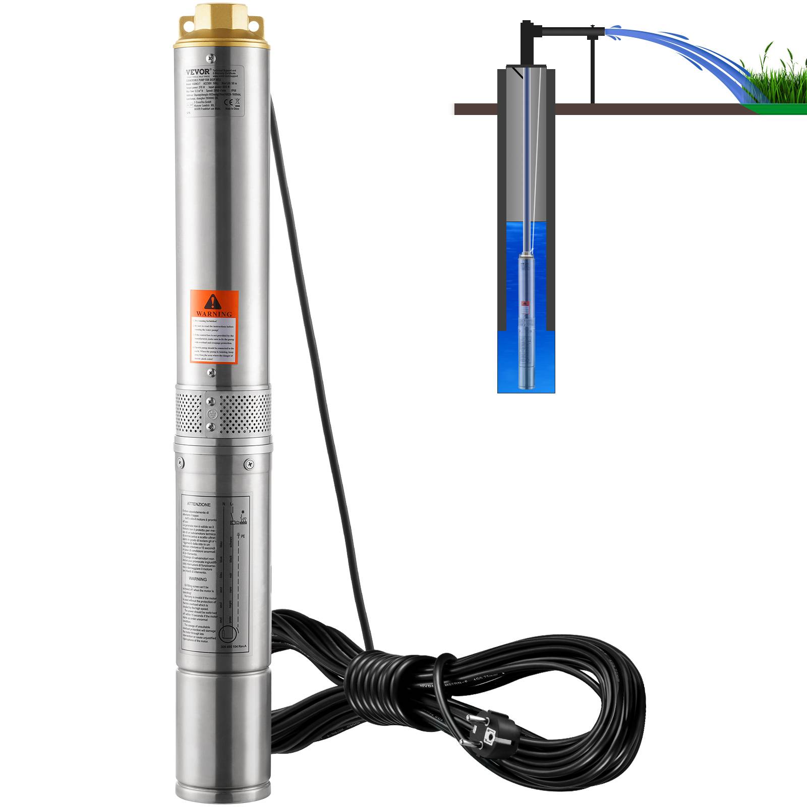 Pompe Solaire Submersible TBvechi 370W 24V – Débit 1,8m³/h, Hauteur 65m, Inox