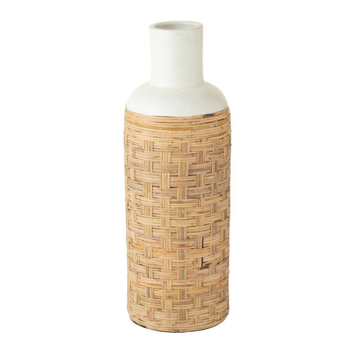 Vase Déco avec Tissage Rotin "Bali" 75cm Blanc & Naturel - Image 1
