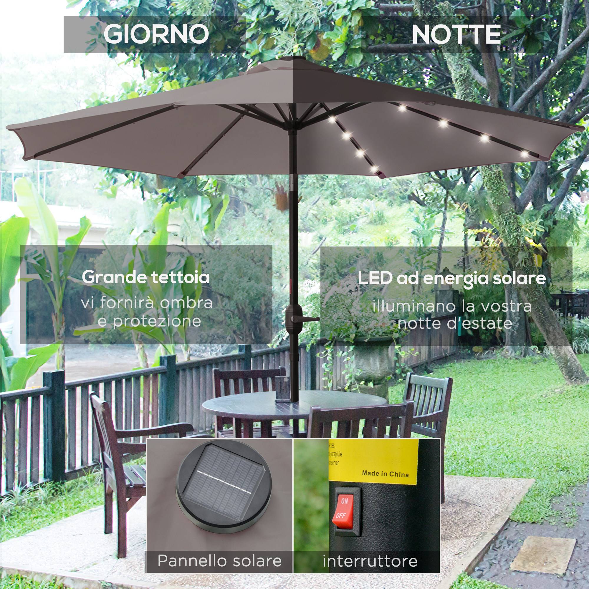 Parasol de jardin inclinable Ø265 cm avec 32 LED solaires et manivelle, gris - Image 6