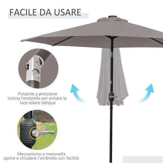 Parasol de jardin inclinable Ø265 cm avec 32 LED solaires et manivelle, gris - Image 9
