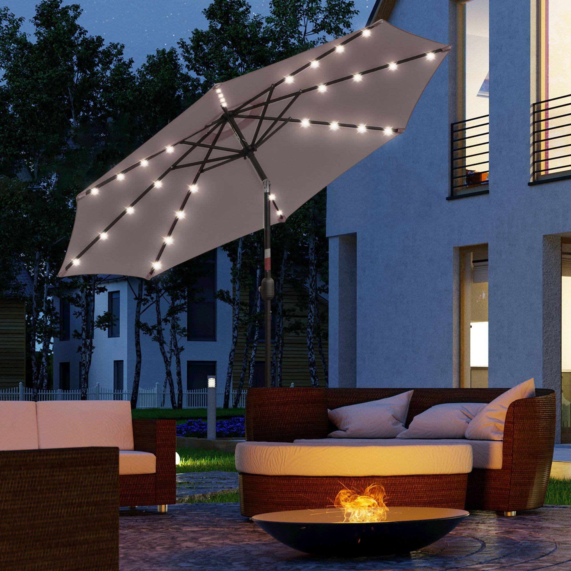 Parasol de jardin inclinable Ø265 cm avec 32 LED solaires et manivelle, gris - Image 3