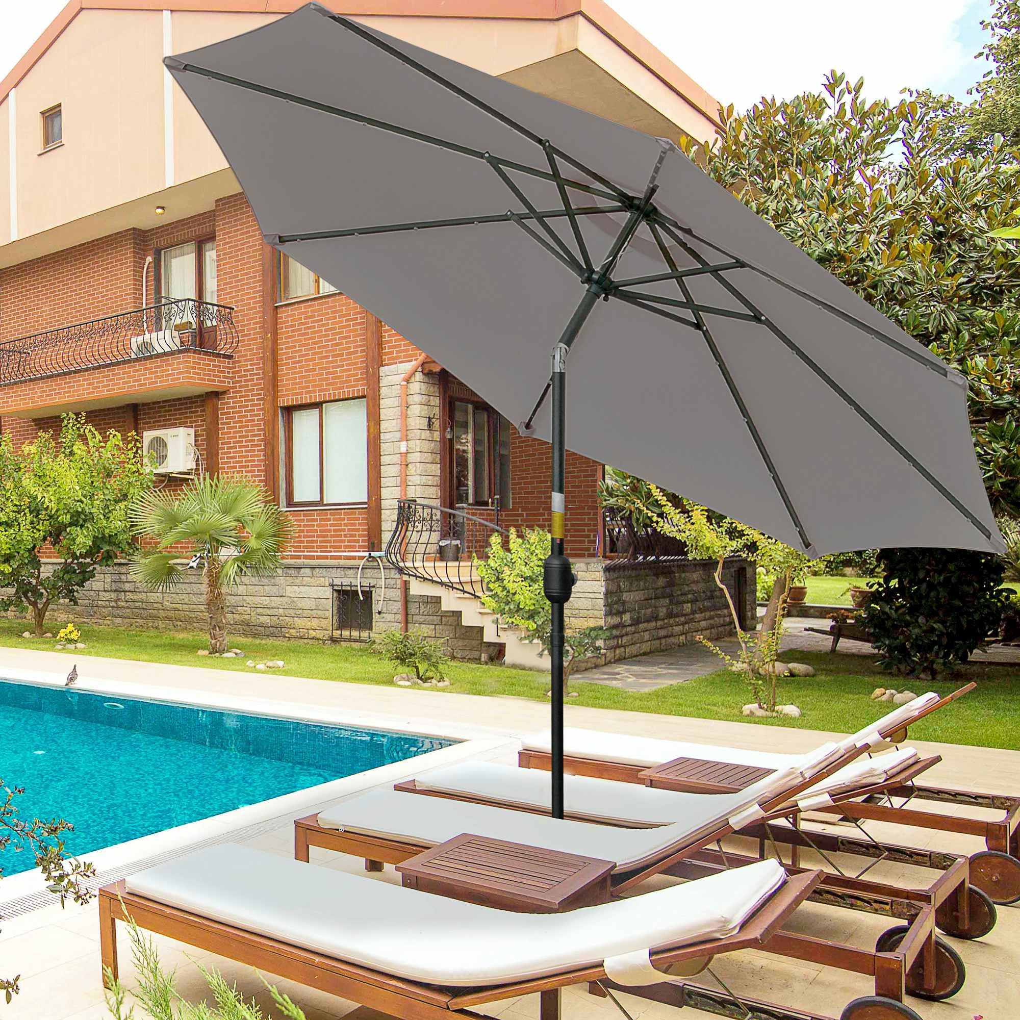 Parasol de jardin inclinable Ø265 cm avec 32 LED solaires et manivelle, gris - Image 4