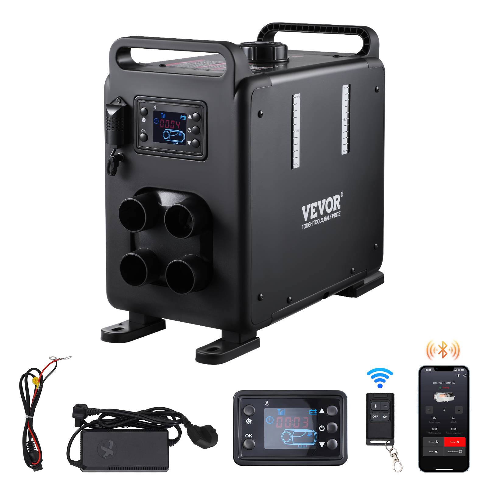 VEVOR Chauffage diesel 8kW 12/24V, Bluetooth, télécom., écran, alarme CO, vertical