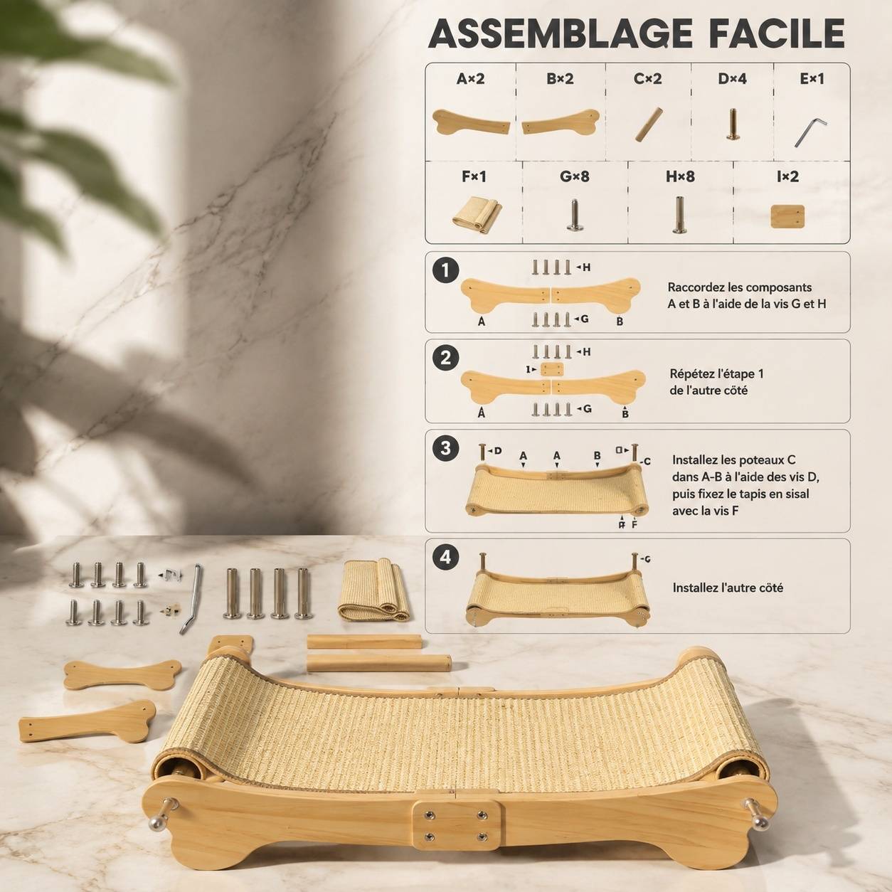 Grattoir Chat Horizontal Bois Hêtre Tissu Sisal 160 Degrés Design Moderne - Image 6