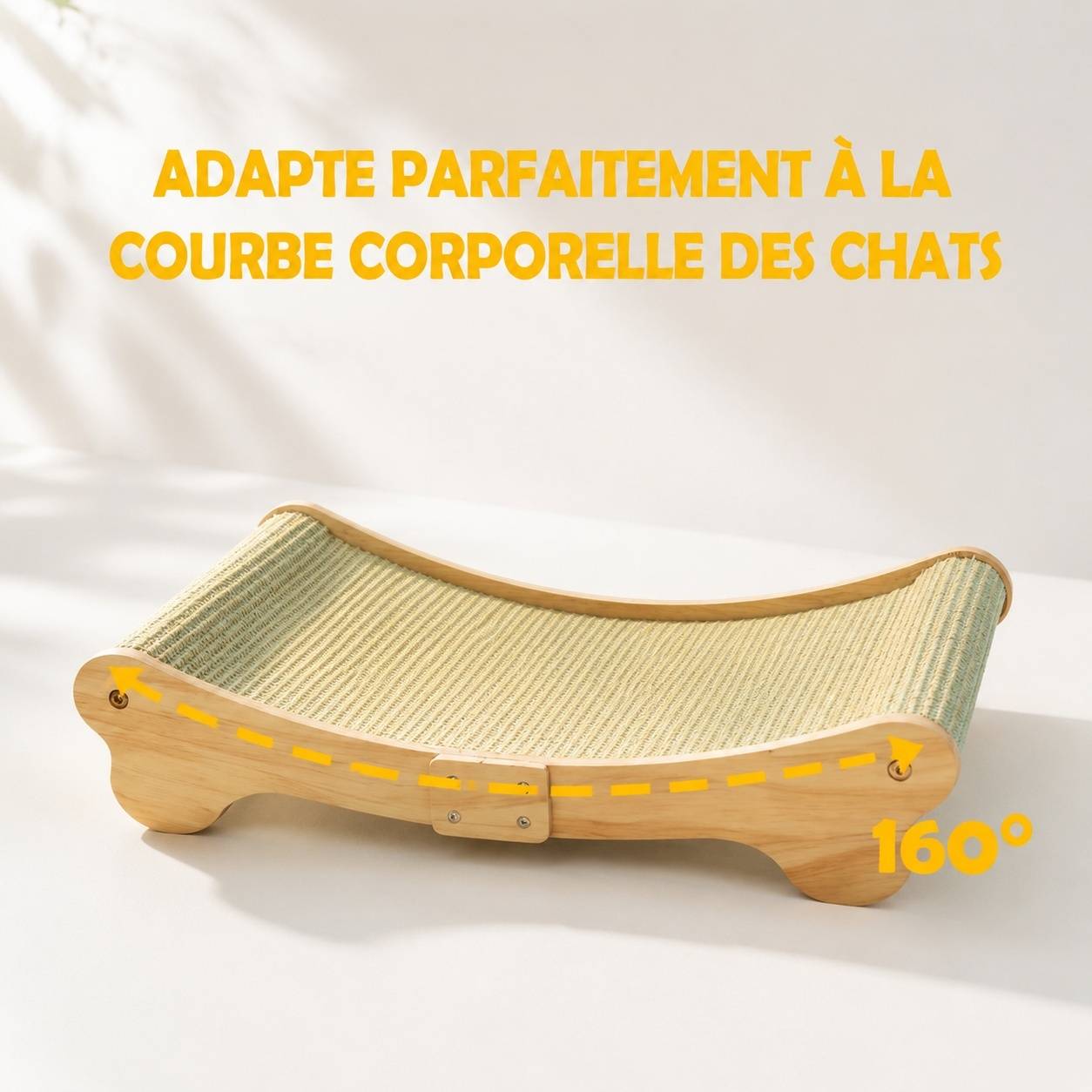 Grattoir Chat Horizontal Bois Hêtre Tissu Sisal 160 Degrés Design Moderne - Image 5