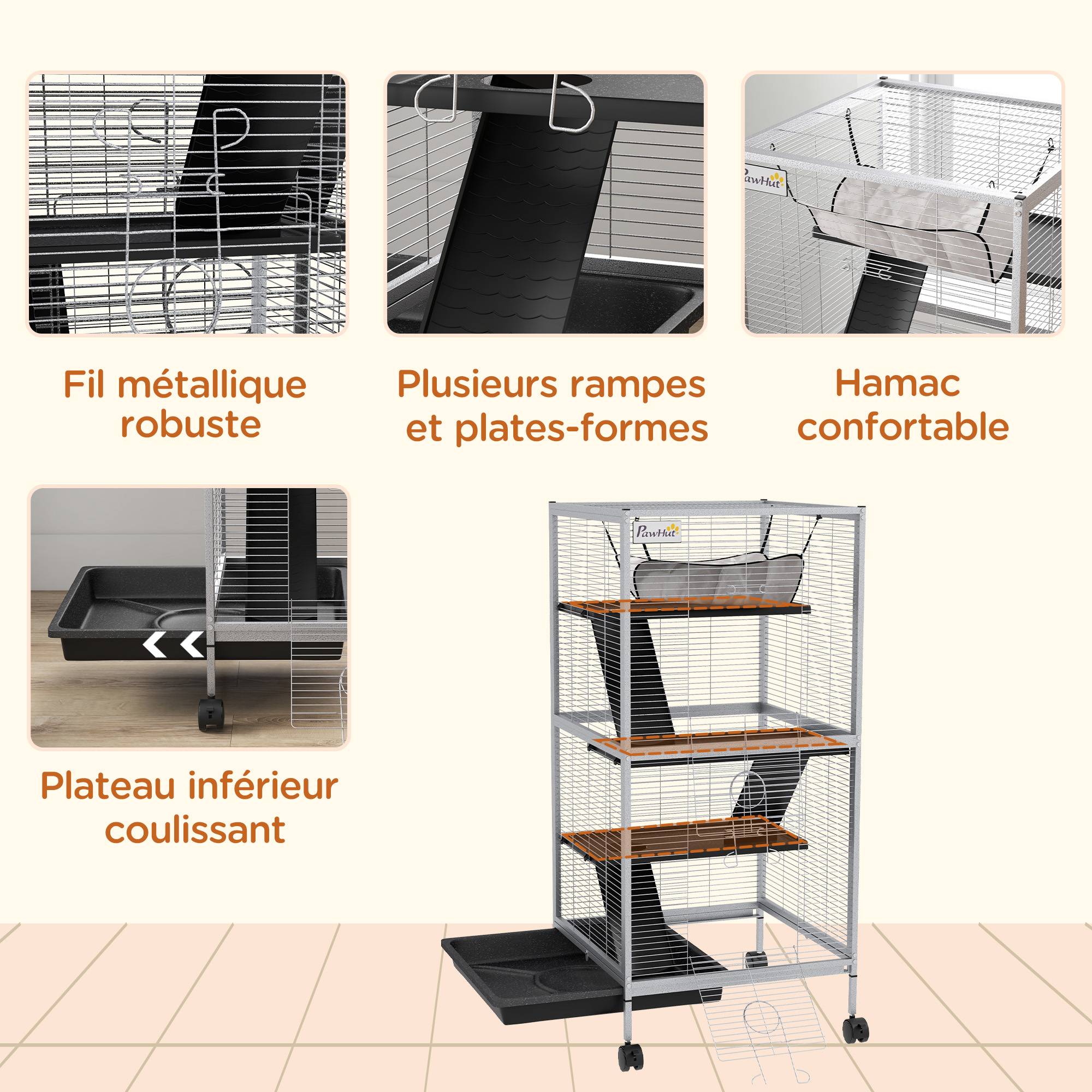Cage rongeur métal pour furet et chinchilla 4 niveaux sur roulettes 52x113cm gris clair - ComfortXL Outdoor Living - Image 8