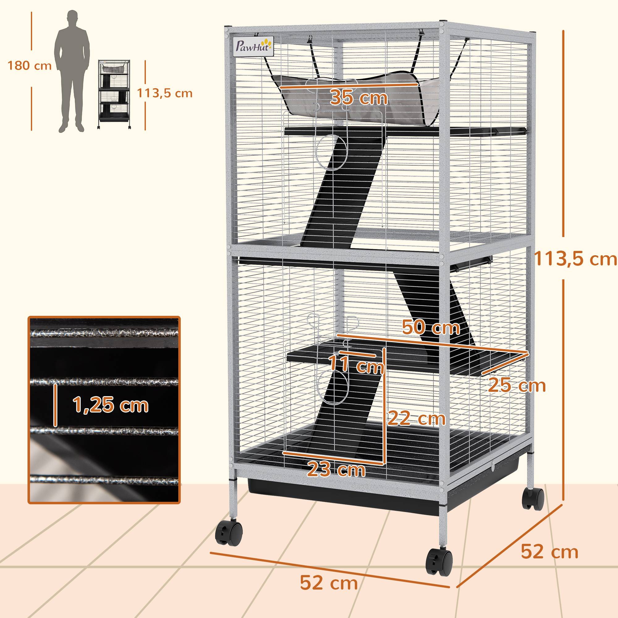 Cage rongeur métal pour furet et chinchilla 4 niveaux sur roulettes 52x113cm gris clair - ComfortXL Outdoor Living - Image 5