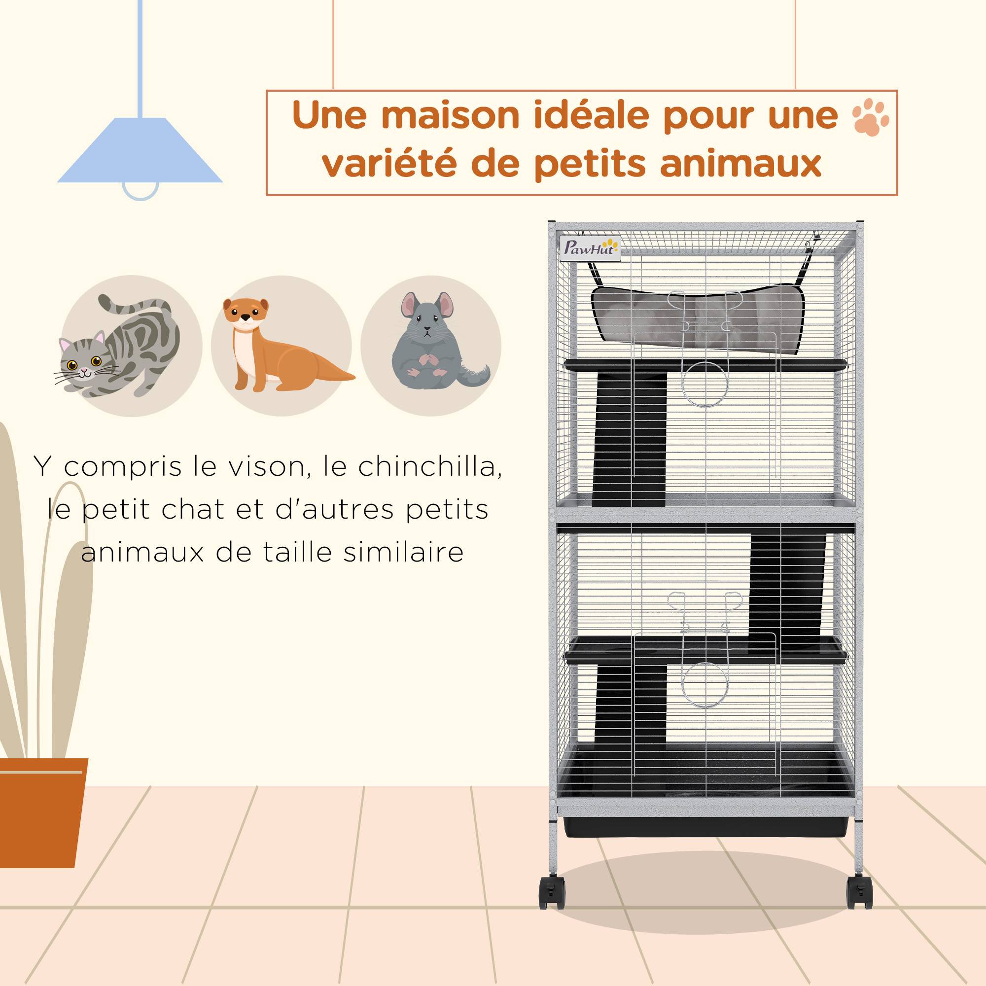 Cage rongeur métal pour furet et chinchilla 4 niveaux sur roulettes 52x113cm gris clair - ComfortXL Outdoor Living - Image 6