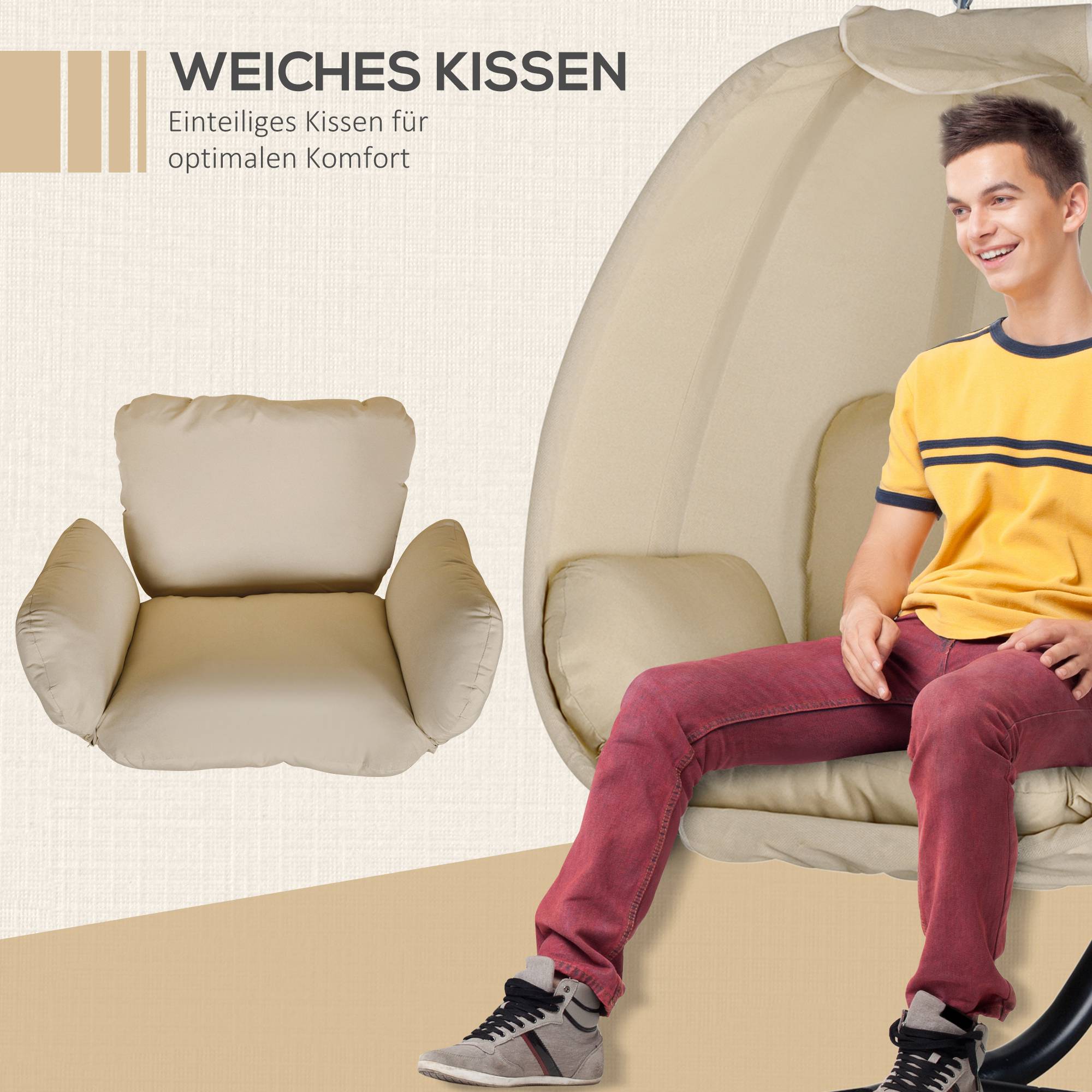 Chaise hamac forme œuf avec coussin doux intérieur extérieur 125×95×170cm kaki - Image 5