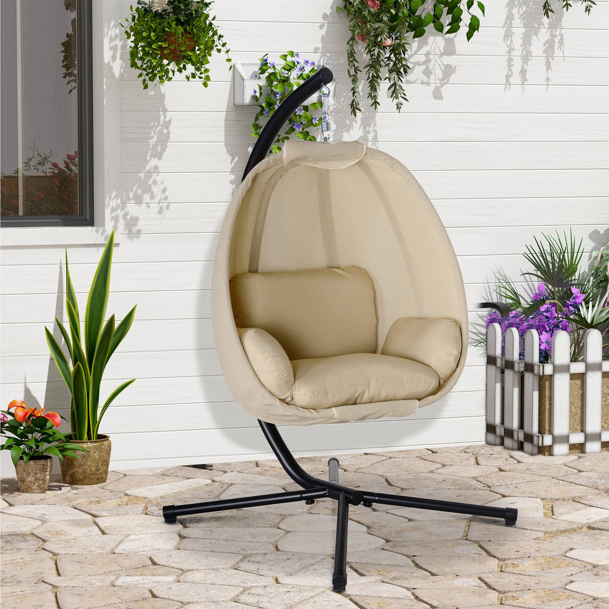 Chaise hamac forme œuf avec coussin doux intérieur extérieur 125×95×170cm kaki - Image 2
