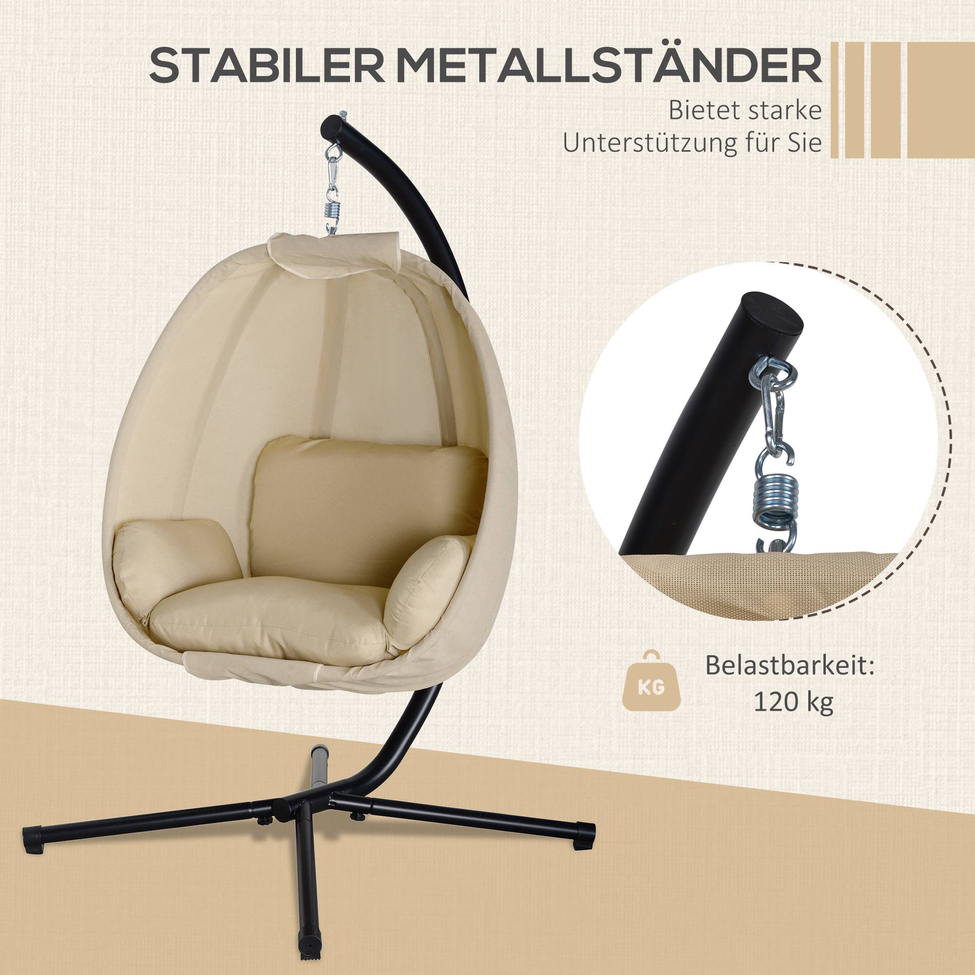 Chaise hamac forme œuf avec coussin doux intérieur extérieur 125×95×170cm kaki - Image 7