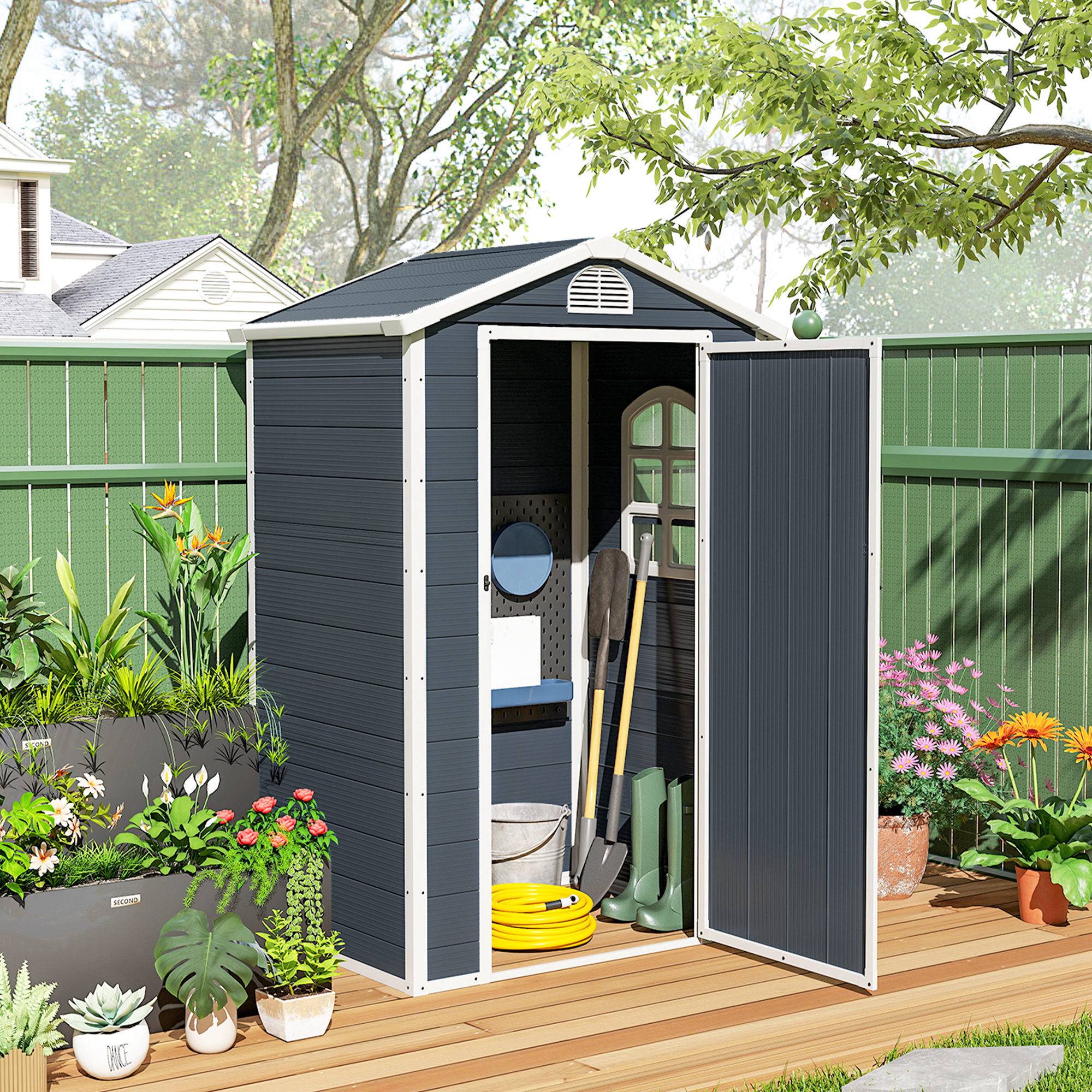 Sans Marque - Abri jardin 1,1m² outils toit pente 134x104x204 cm plastique porte verrouillable ventilation fenêtre gris foncé - Image 4