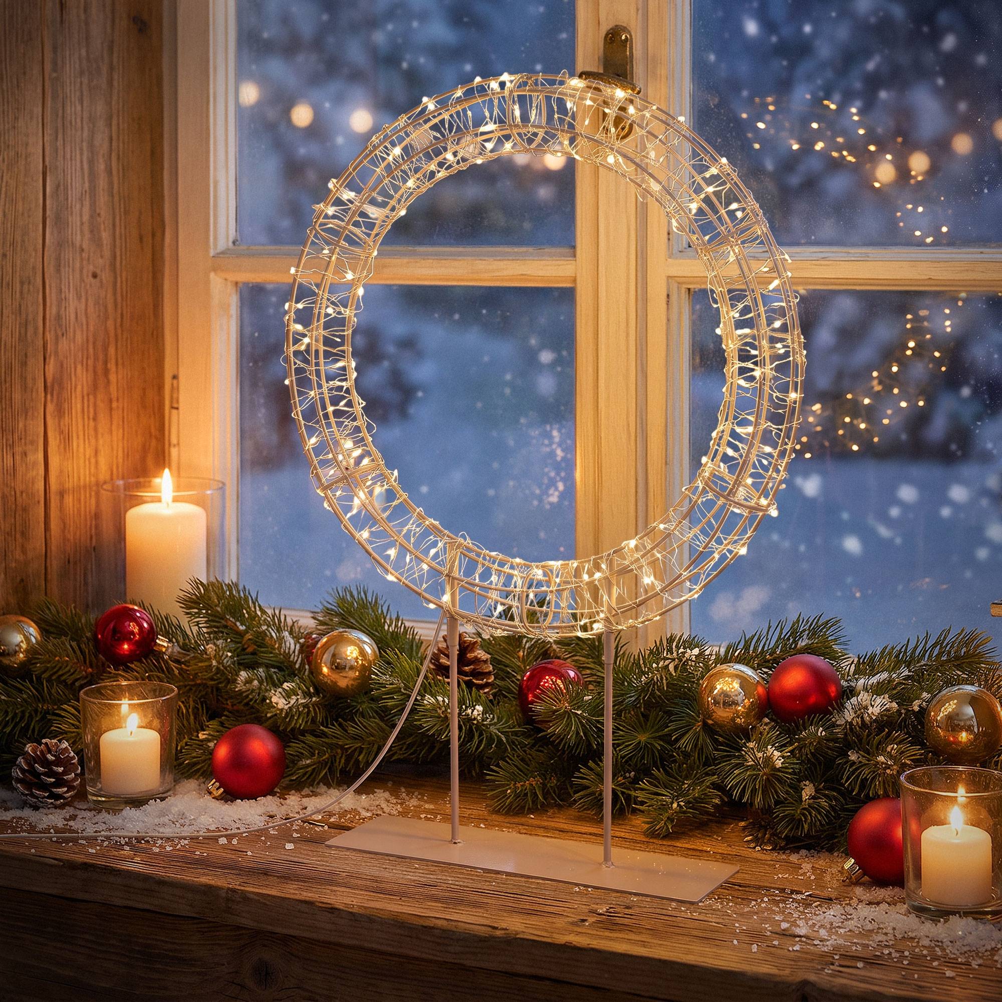 Ecd-Germany - Couronne de Noël LED sur pied, Ø 53 cm, décoration lumineuse, 300 LED lumière blanc chaud, intérieur et extérieur, anneau décoratif, cercle lumineux - Image 1