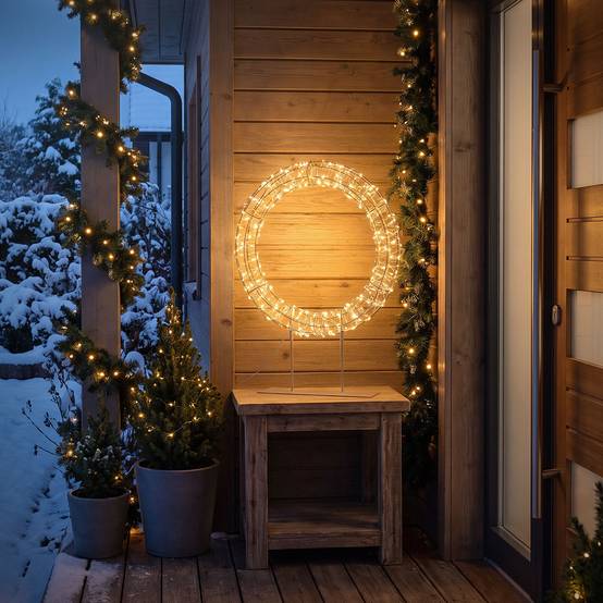Ecd-Germany - Couronne de Noël LED sur pied, Ø 53 cm, décoration lumineuse, 300 LED lumière blanc chaud, intérieur et extérieur, anneau décoratif, cercle lumineux - Image 9