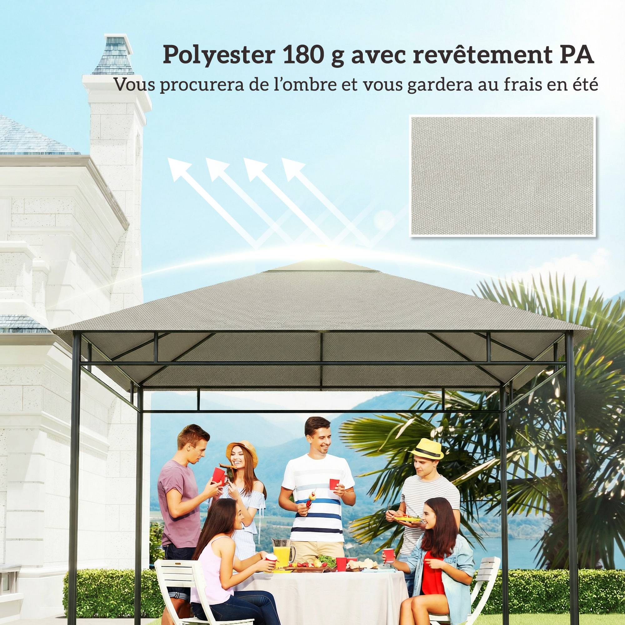 ComfortXL - Toile de rechange tonnelle polyester terrasse protection solaire 3x3m gris - ComfortXL Outdoor Living - Image 8