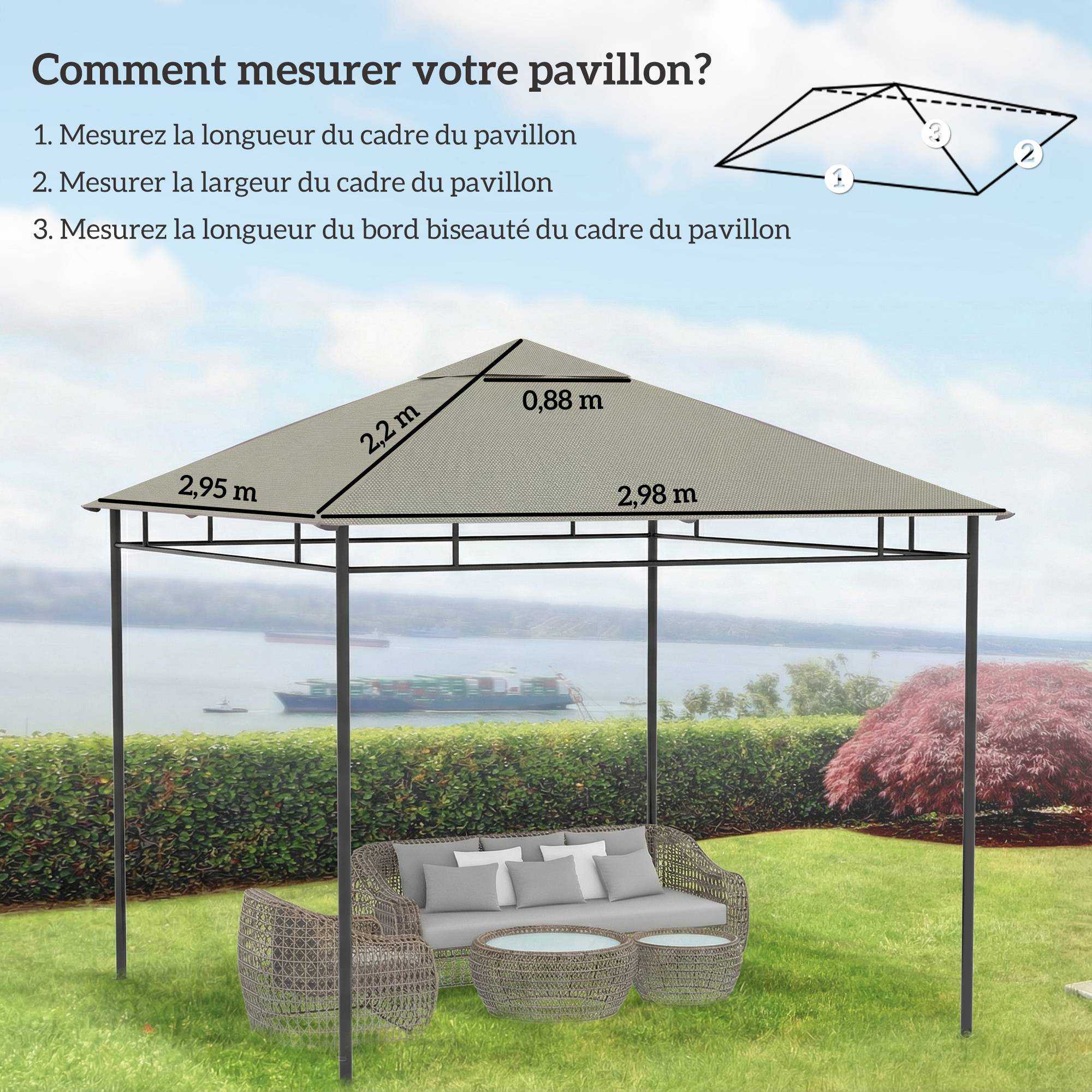 ComfortXL - Toile de rechange tonnelle polyester terrasse protection solaire 3x3m gris - ComfortXL Outdoor Living - Image 5
