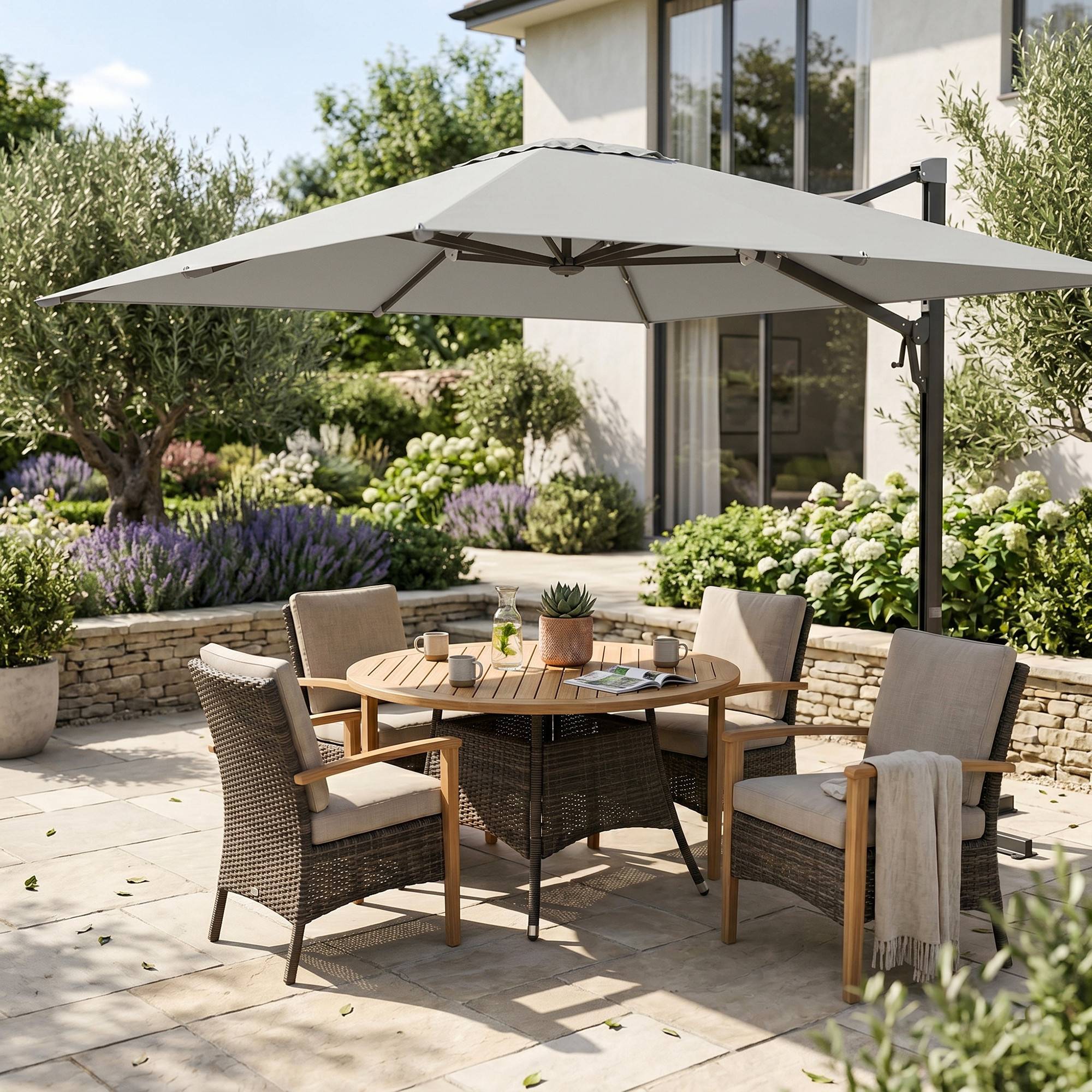 Parasol déporté rotatif aluminium polyester terrasse inclinable anti-vent 3x3m gris clair - ComfortXL Outdoor Living - Image 4