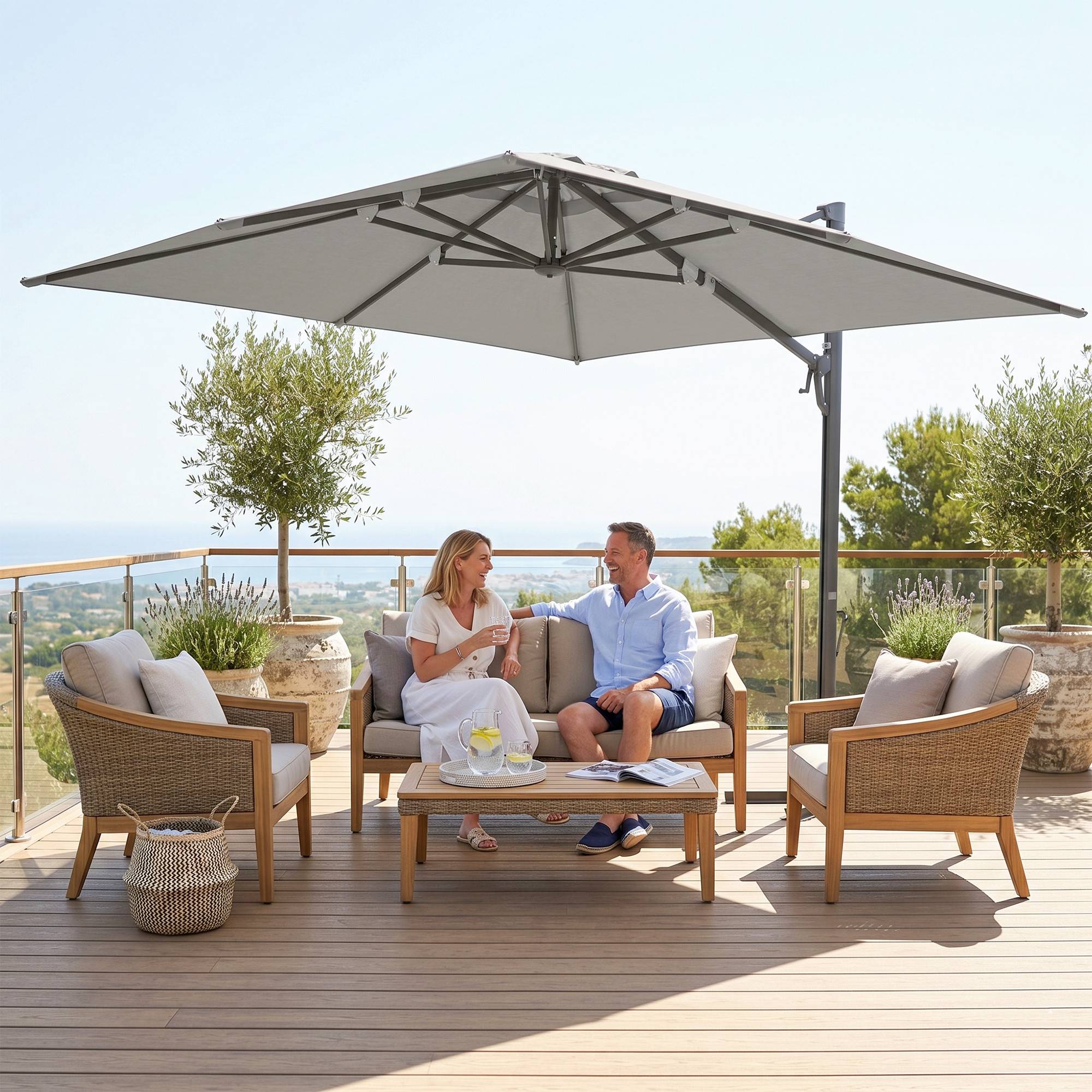 Parasol déporté rotatif aluminium polyester terrasse inclinable anti-vent 3x3m gris clair - ComfortXL Outdoor Living - Image 10
