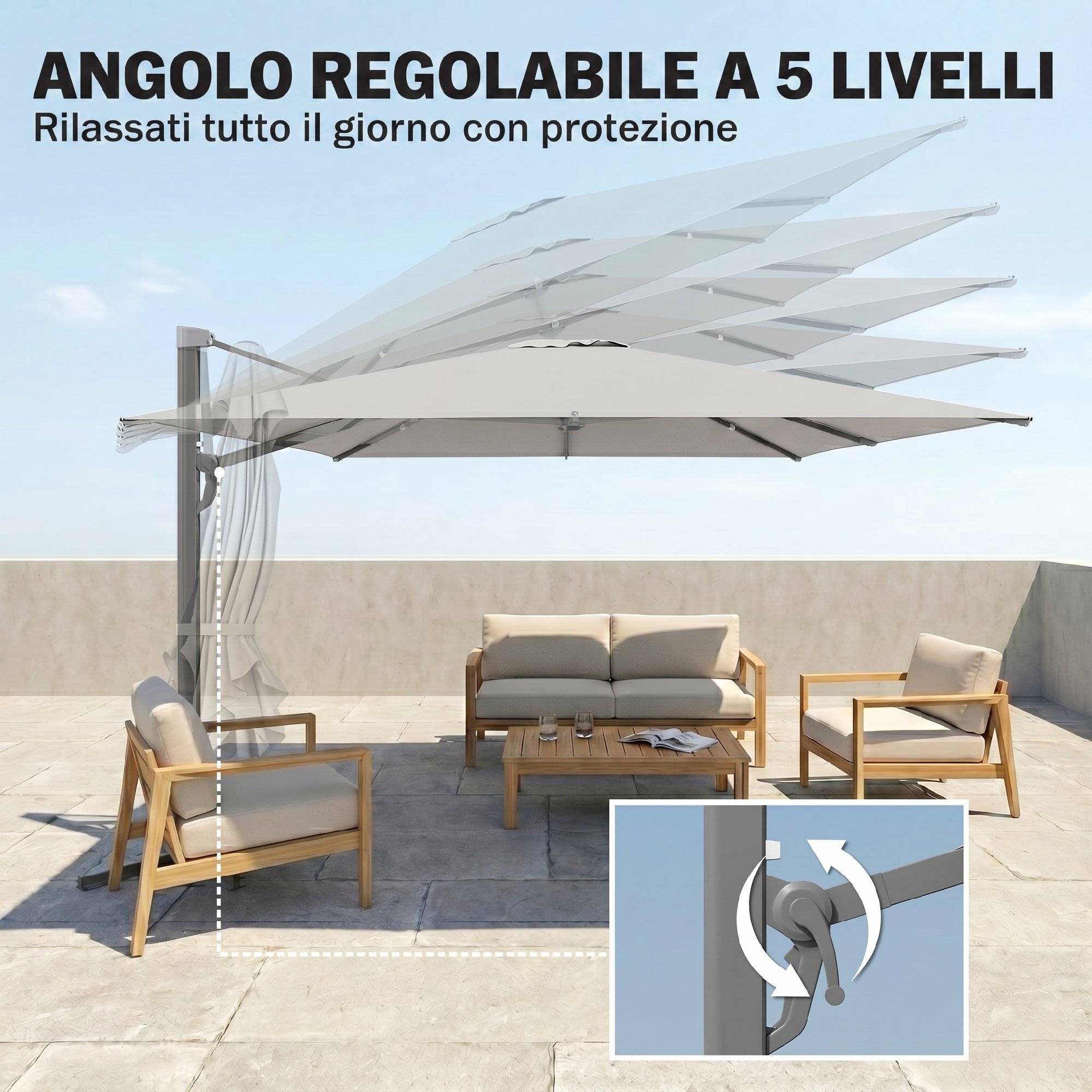 Parasol déporté rotatif aluminium polyester terrasse inclinable anti-vent 3x3m gris clair - ComfortXL Outdoor Living - Image 8