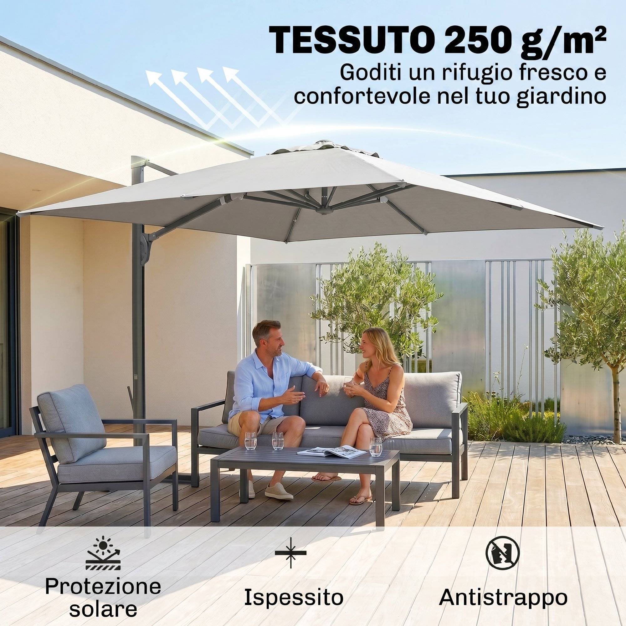 Parasol déporté rotatif aluminium polyester terrasse inclinable anti-vent 3x3m gris clair - ComfortXL Outdoor Living - Image 6