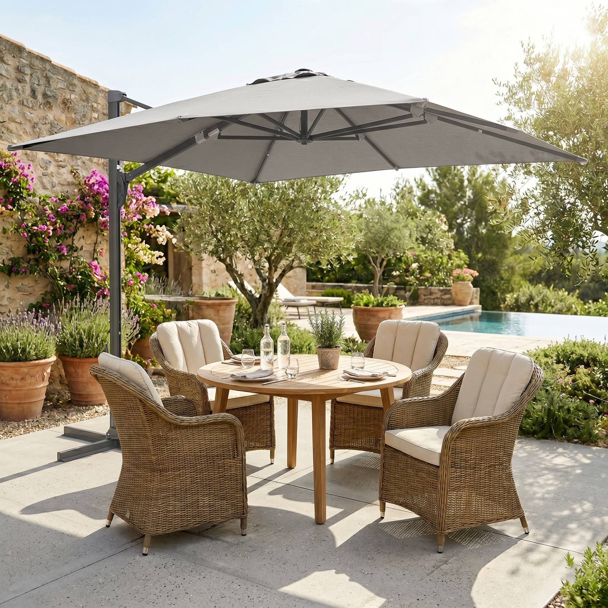 Parasol déporté rotatif aluminium polyester terrasse inclinable anti-vent 3x3m gris clair - ComfortXL Outdoor Living - Image 3