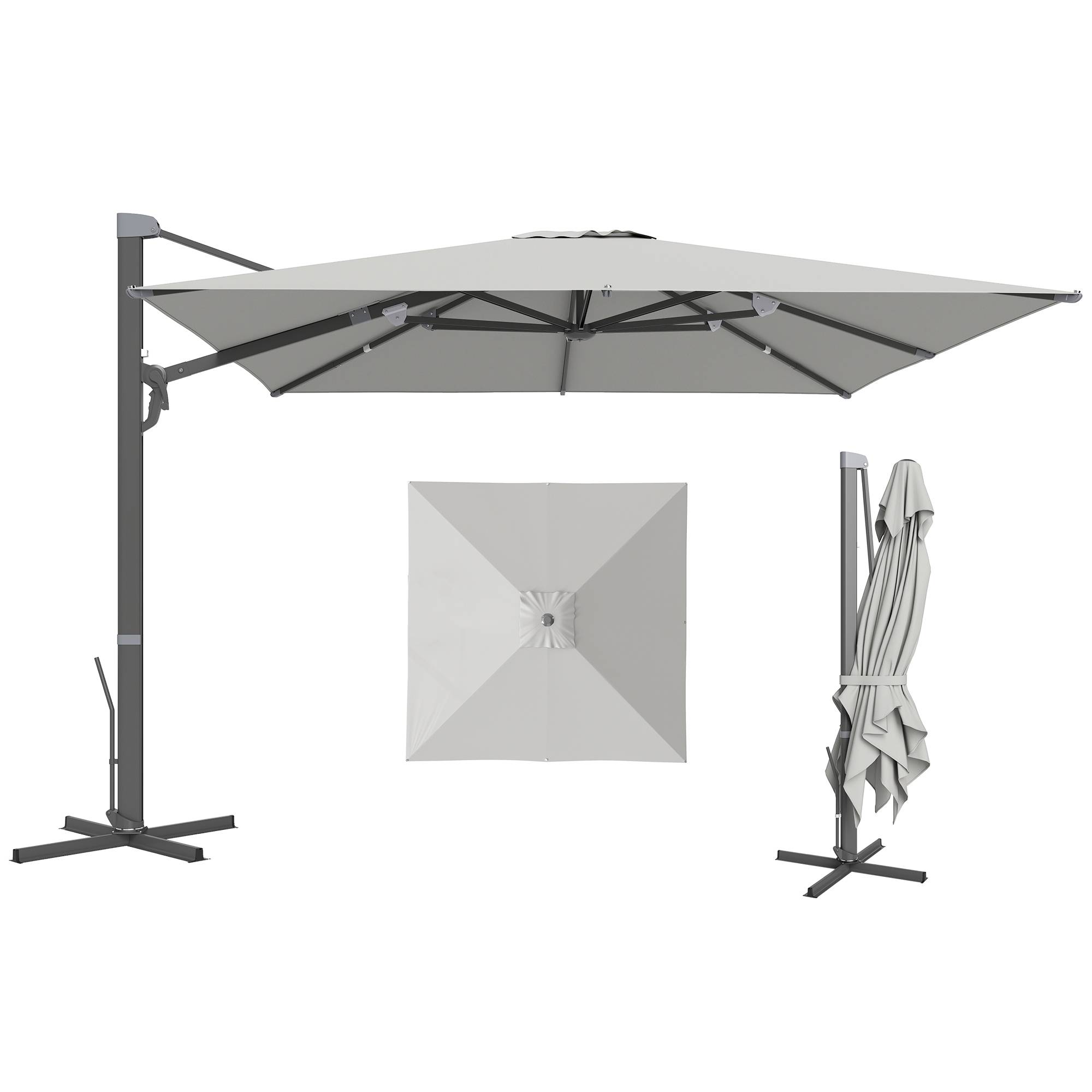 Parasol déporté rotatif aluminium polyester terrasse inclinable anti-vent 3x3m gris clair - ComfortXL Outdoor Living - Image 2