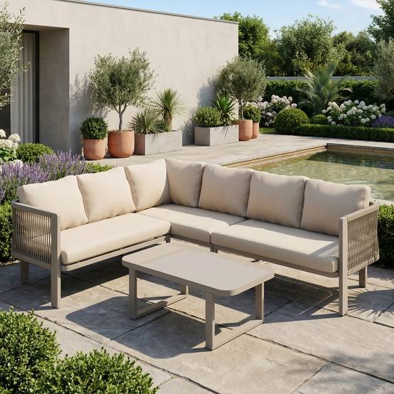 Salon jardin 6 places : angle, acier galvanisé, plateau verre, corde Teslin, table/banc/chaises/canapé, kaki - Image 3