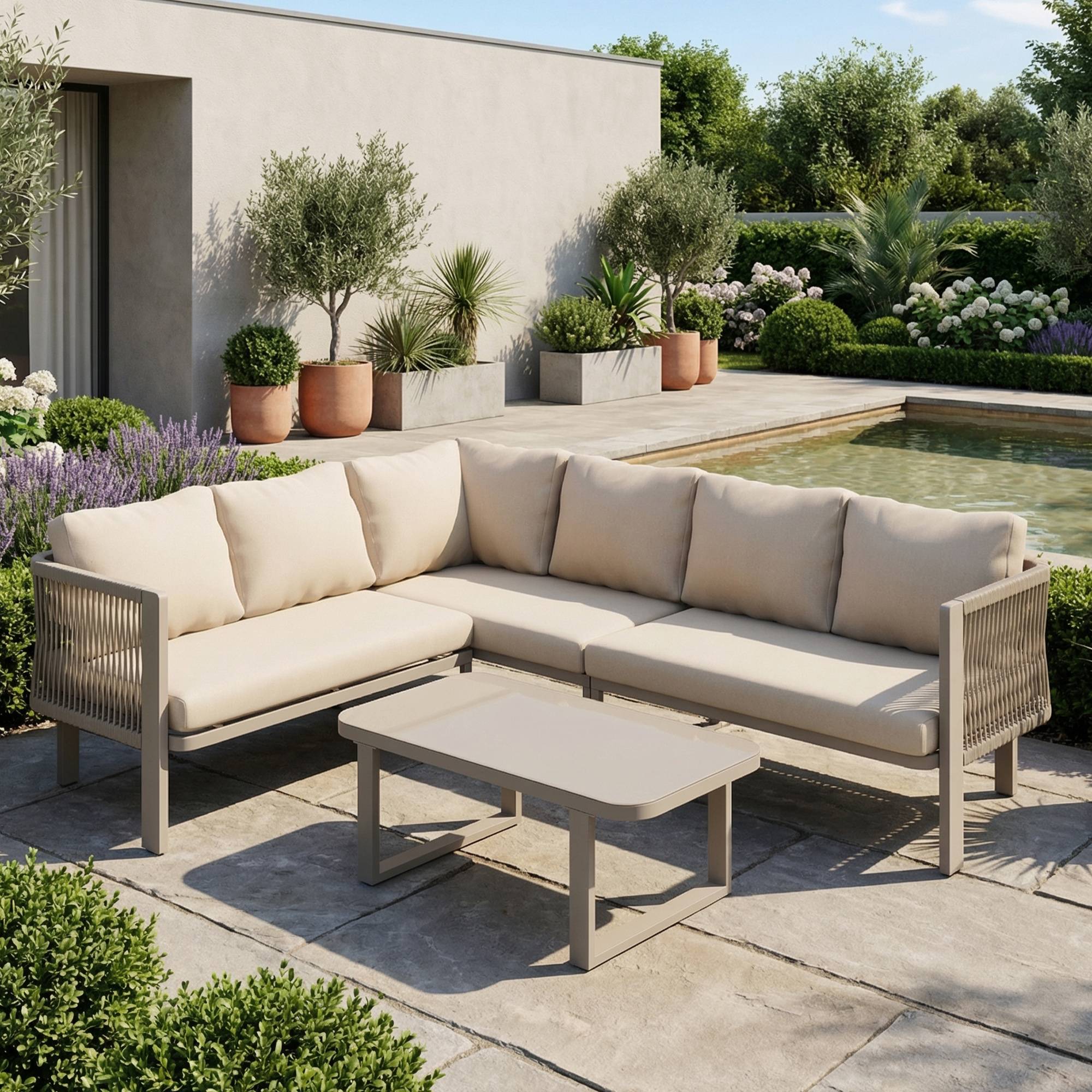 Salon jardin 6 places : angle, acier galvanisé, plateau verre, corde Teslin, table/banc/chaises/canapé, kaki - Image 3