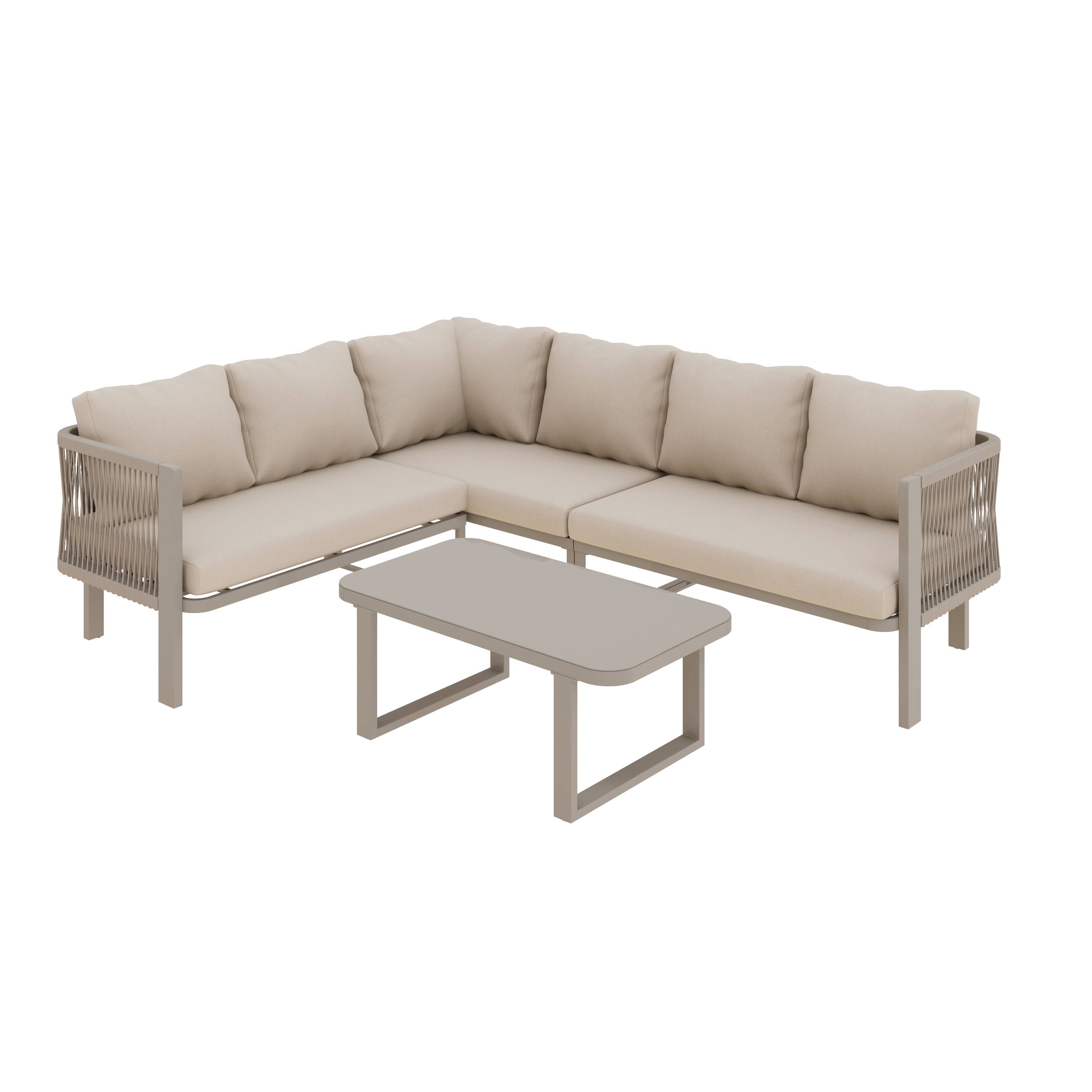 Salon jardin 6 places : angle, acier galvanisé, plateau verre, corde Teslin, table/banc/chaises/canapé, kaki - Image 9