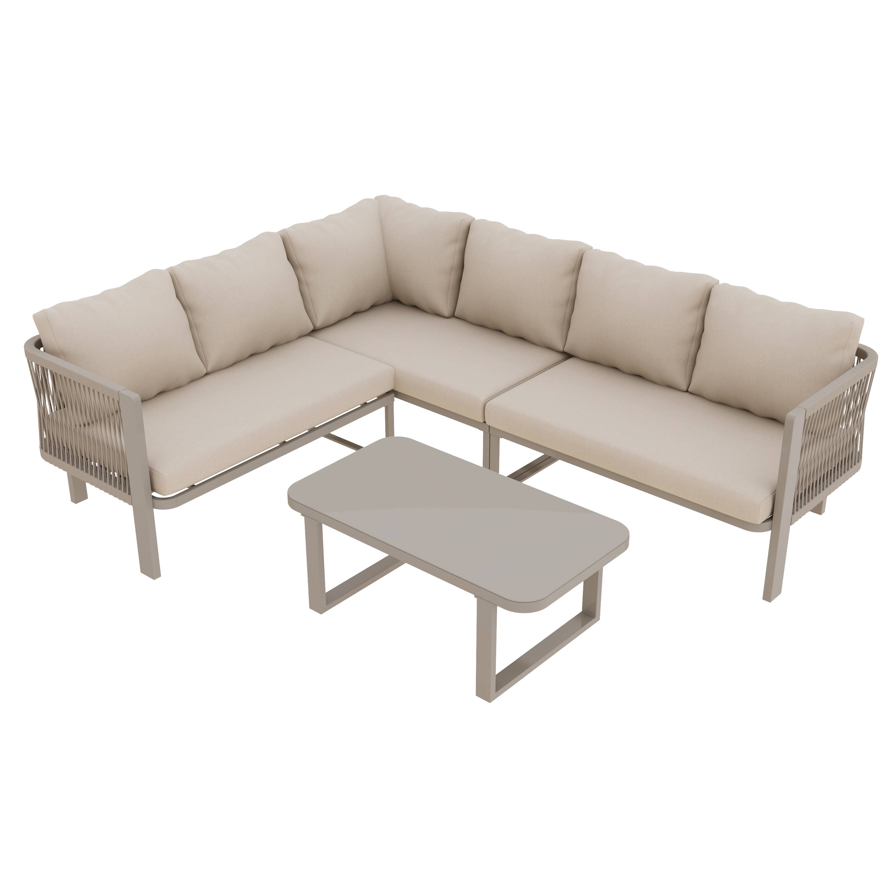 Salon jardin 6 places : angle, acier galvanisé, plateau verre, corde Teslin, table/banc/chaises/canapé, kaki - Image 10
